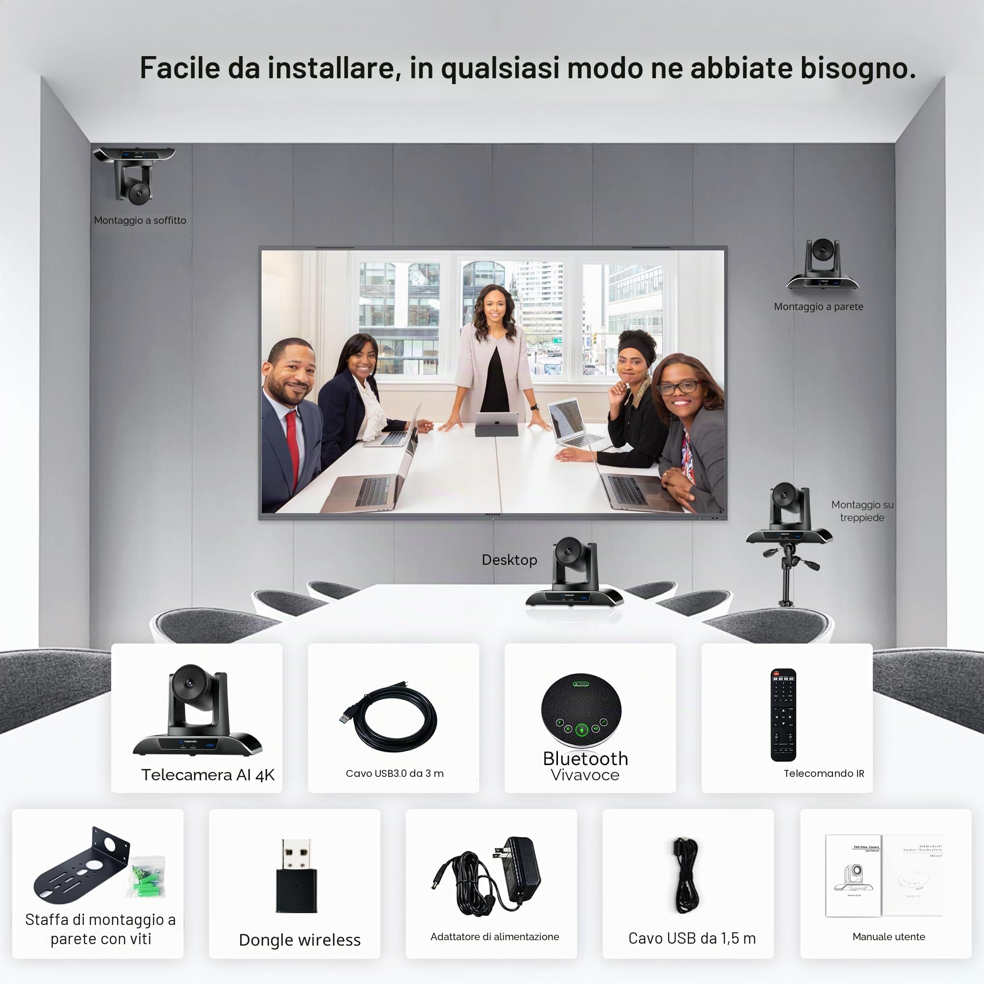 TONGVEO Telecamera per sala conferenze 4K all-in-1 con microfono Bluetooth, rilevamento automatico AI Zoom digitale 5X USB 3.0 Telecamera PTZ grandangolare da 124° e vivavoce per Team Zoom Skype e