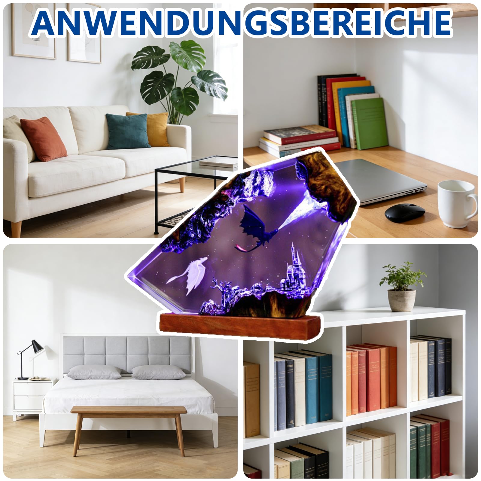 3D Ozean Epoxidharz Nachtlicht,Harz-Ozean-Lampe,Ornamente mit Holzsockel,Dinosaurier, der Feuer speit,Nachttischlampe Schlafzimmerlampe mit USB-Kabel für Meeresliebhaber (Violettes Licht)
