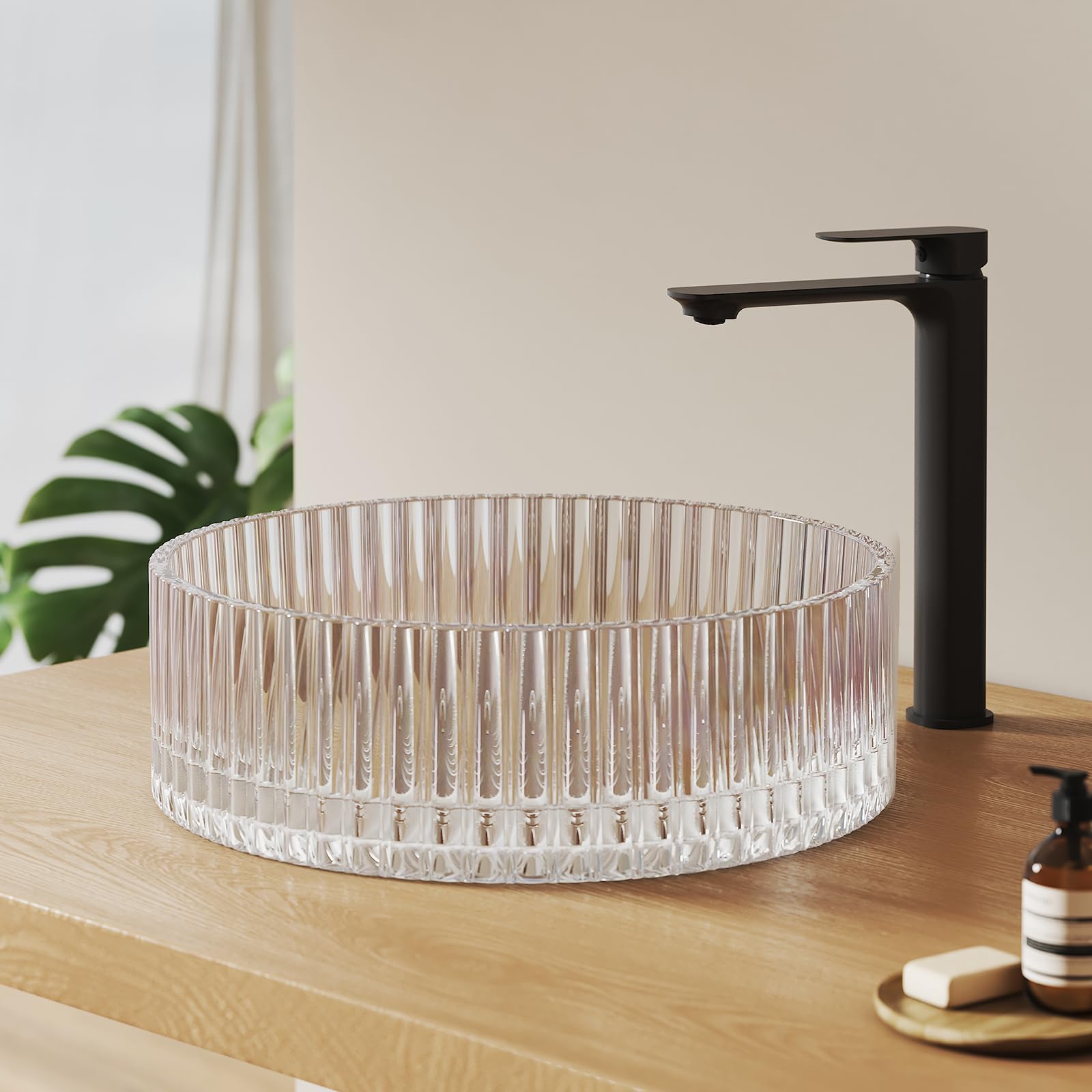 EMKE Glas Aufsatzwaschbecken Rund 40,0 × 40,0 × 12,0 cm – Design Glas Waschbecken Großvolumen für Badezimmer & Gäste-WC, Waschtisch Handwaschbecken Ohne Hahnloch, Regenbogen