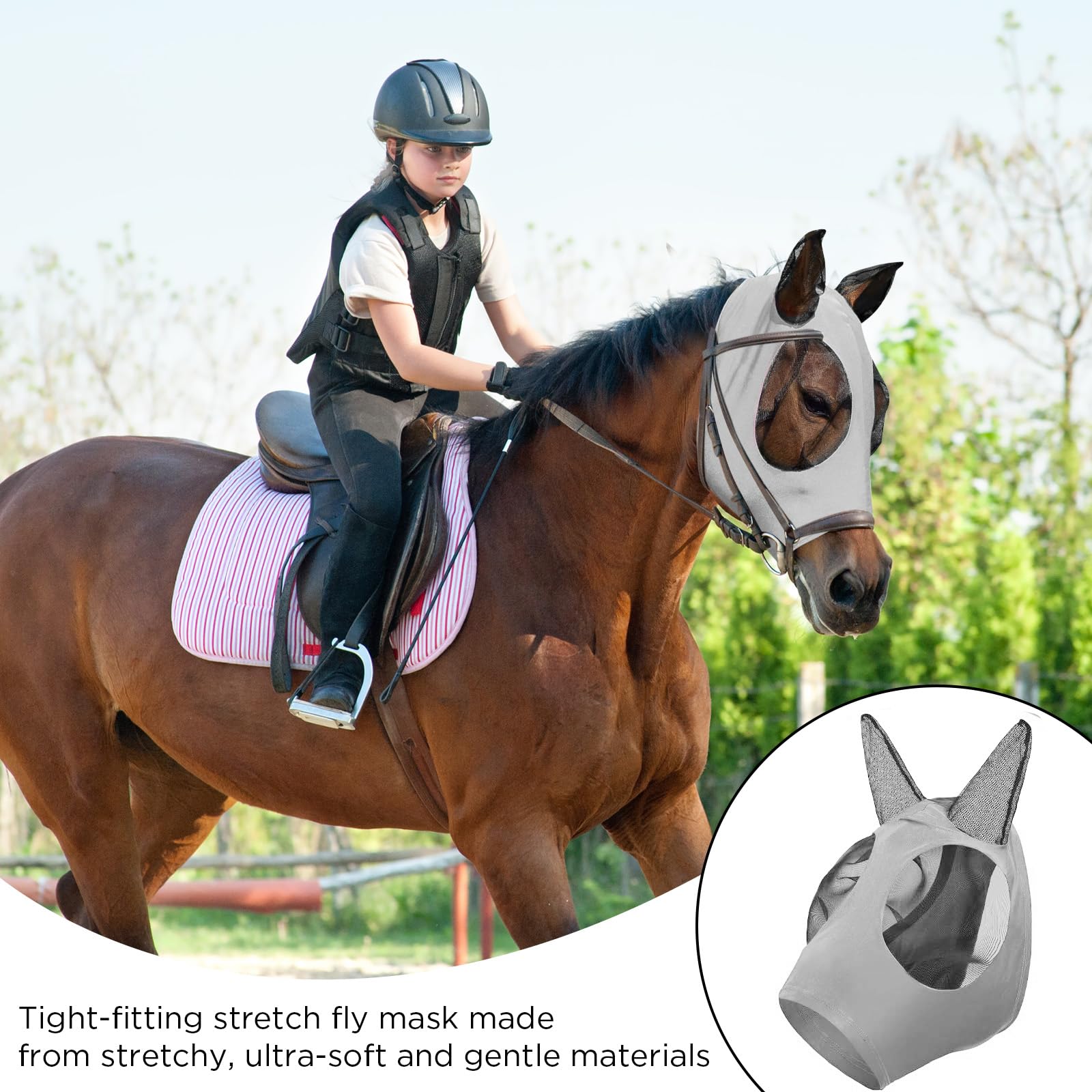 dellyy Maschera Antimosche Cavallo, Maschera Mosche Cavallo, Elastico Maschera Cavallo Antimosche, Maschera Mosche Cavallo Protezione UV, Cuffietta Cavallo (Grigio)