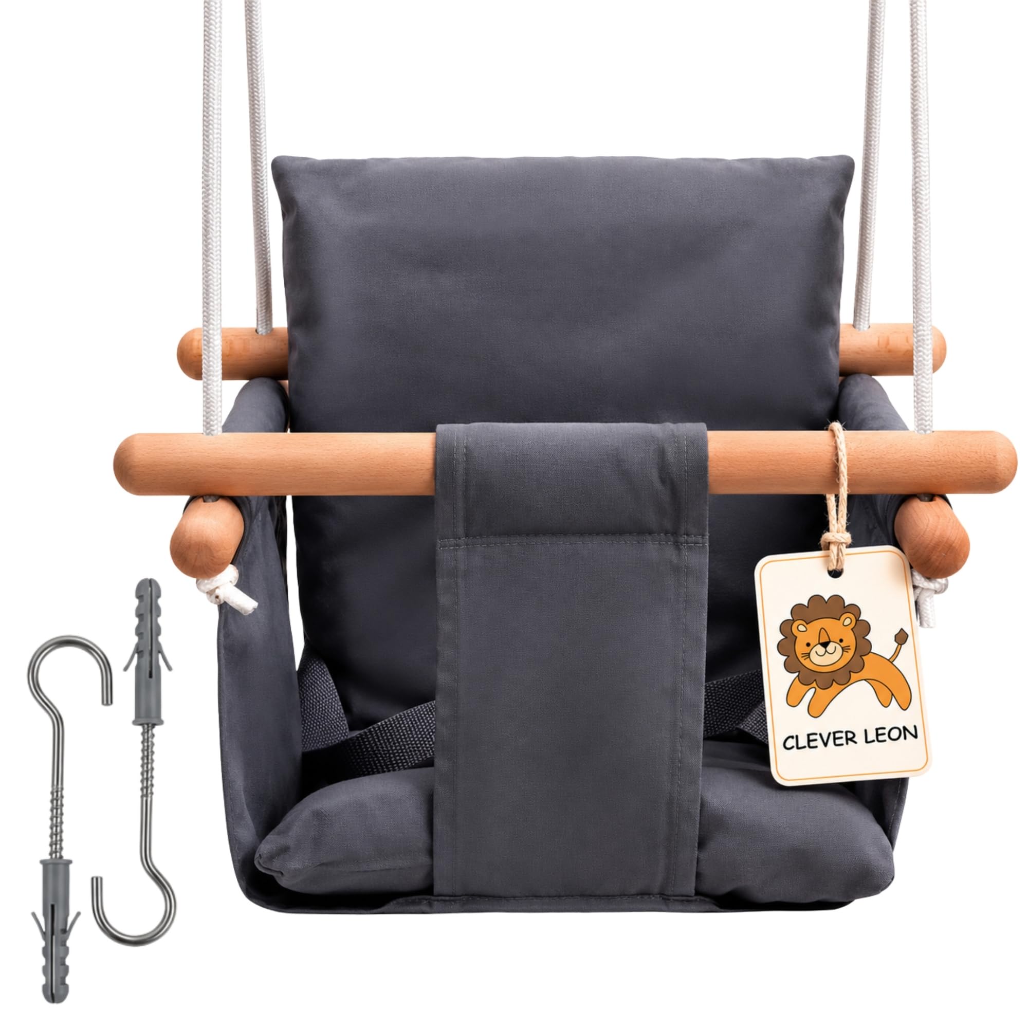 Altalena per Neonati e Bambini - Altalena da Interno in 100% Cotone e Legno di Faggio - Cintura di Sicurezza - Regolabile in Altezza - fino a 30 kg - Cuscino Grigio