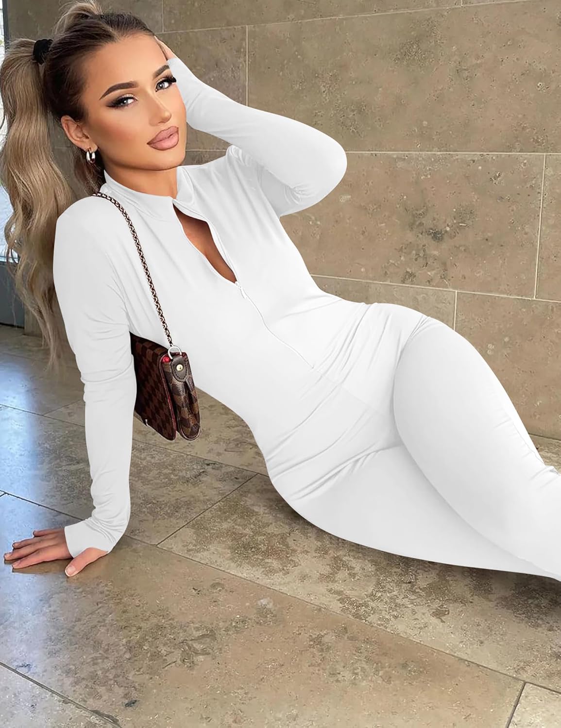 Mizoci Women's Sexy 2023 One Piece Jumpsuit Bodycon Long Sleeve V Neck Zipper Full Bodysuit, X-L, White - Image 5