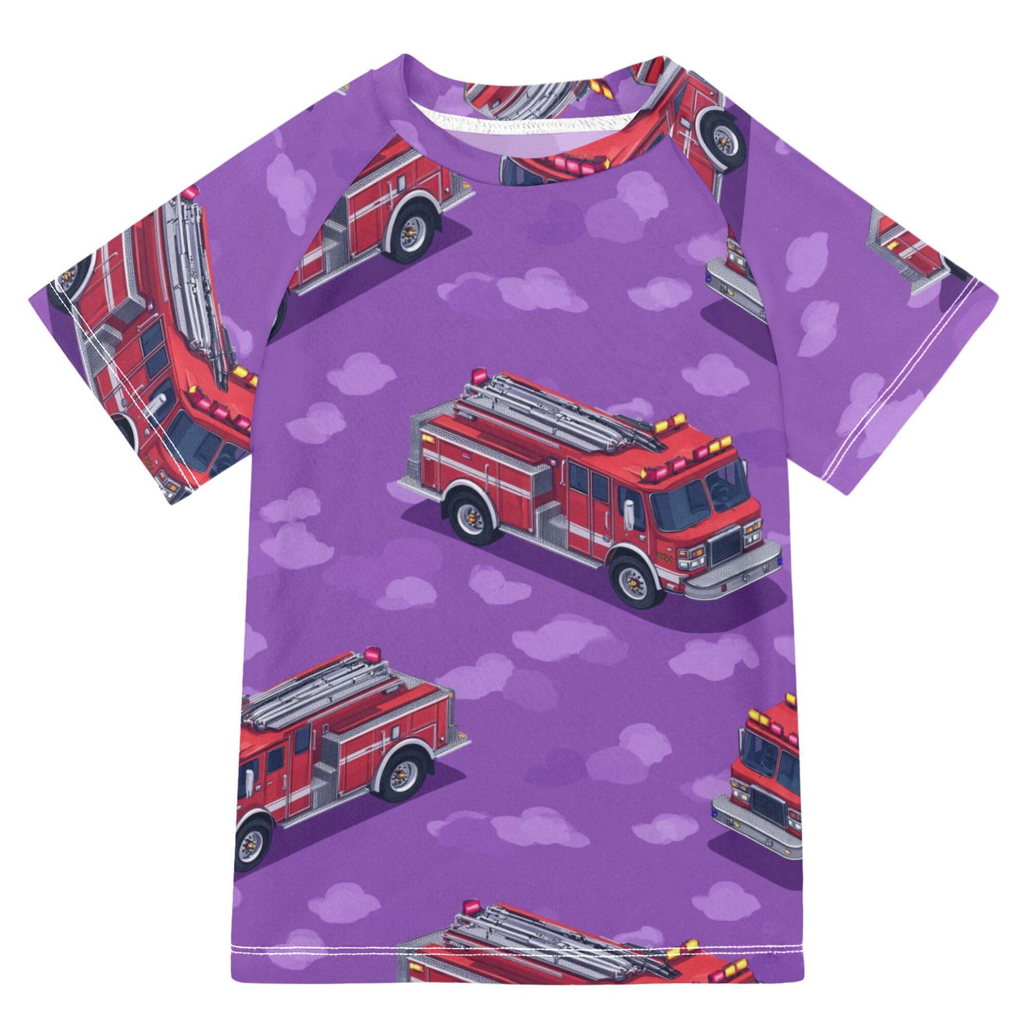 Fighters Red Fire Truck Purple Kids Bathing Suit Sun Protection Rash Guard Girls Swimwears Athletic Clothes for Little Boy 11-12Y