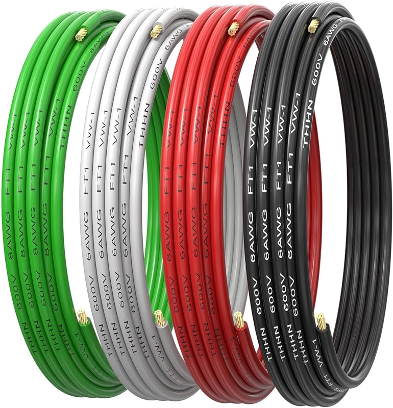 6 AWG Gauge THHN Stranded Copper Wire - 6 AWG Black, Red, White with 8 AWG Green Ground Copper Wire Rated up to 600V Building Wire for Residential, Commercial, Industrial, HVAC Systems (10FT)