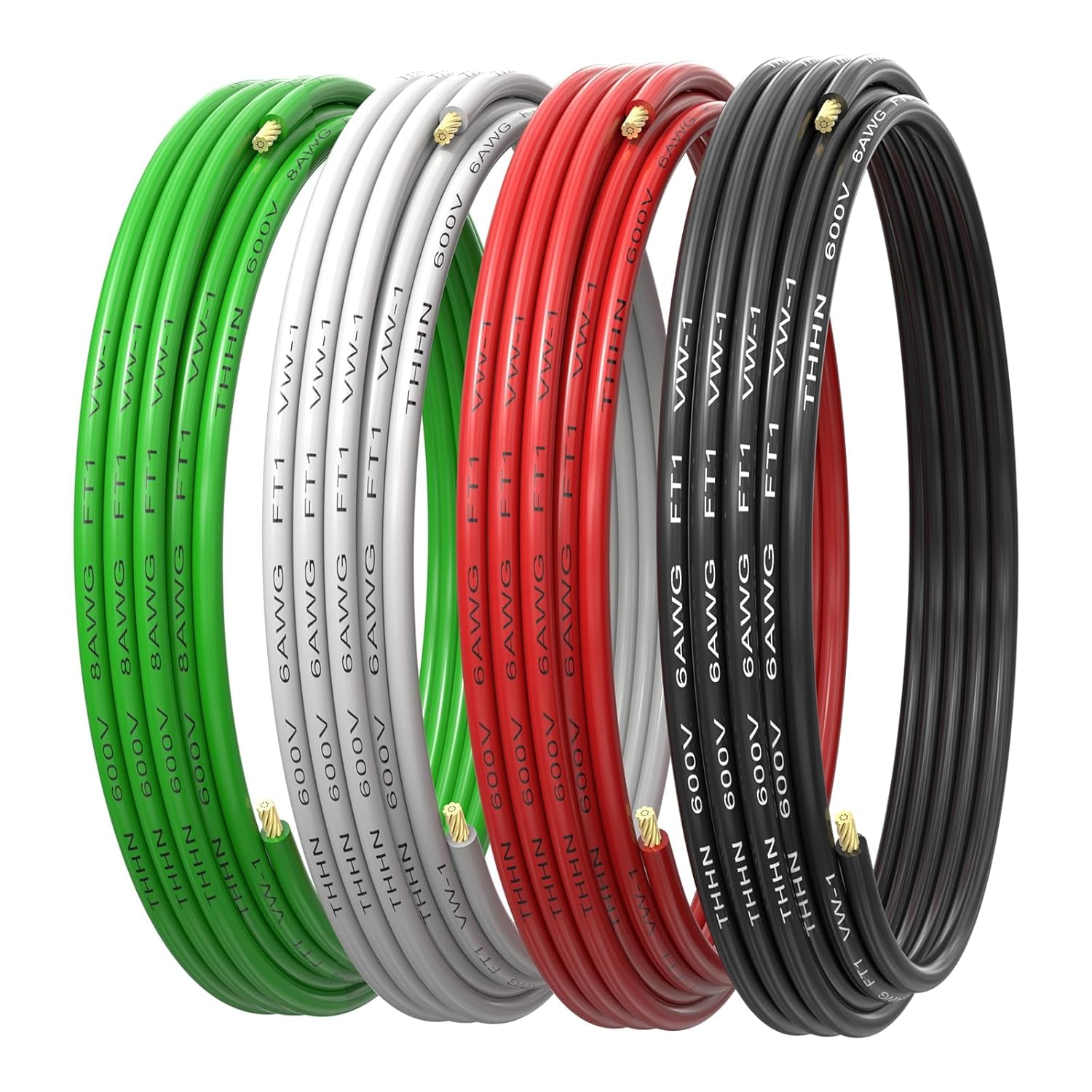 6 AWG Gauge THHN Stranded Copper Wire - 25 FT 6 AWG Black, Red, White with 8 AWG Green Ground Copper Wire Rated up to 600V Building Wire for Residential, Commercial, Industrial, HVAC Systems