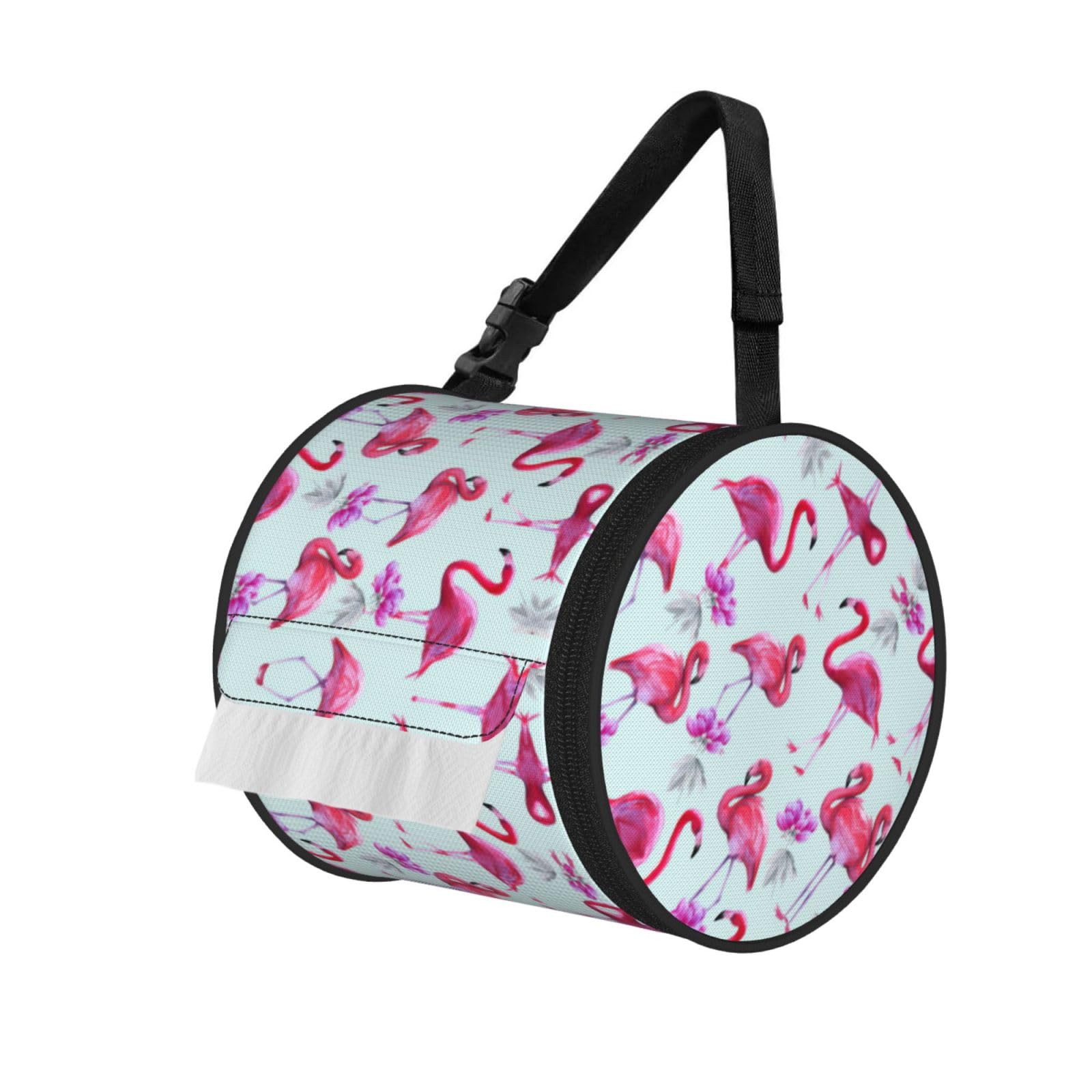 Pink Flamingos Print Round Tissue Dispenser Bag With Carry Strap, Portable Roll Holder For Car Travel Home