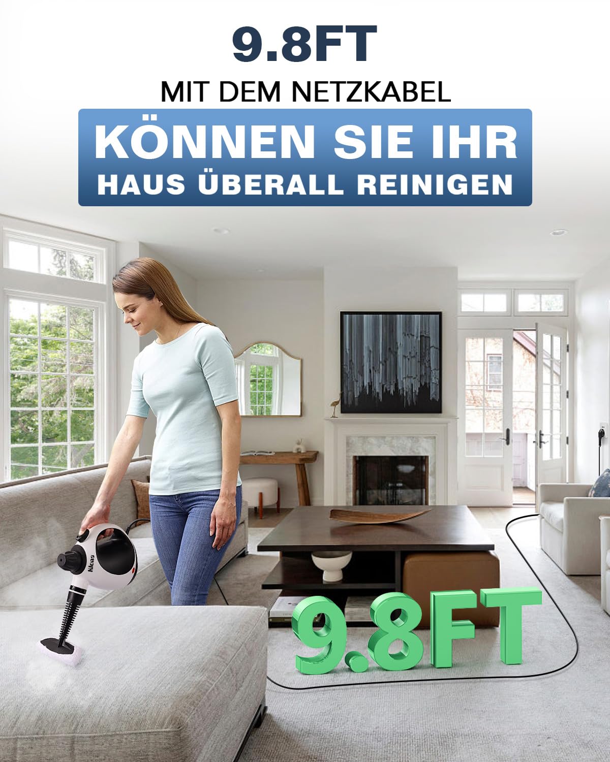 KLONA Handdampfreiniger, Dampfreiniger für Zuhause, Mehrzweck-Dampfreiniger mit 10 Zubehörteilen für Teppiche, Vorhänge, Sofas, Küche, Badezimmer und mehr.