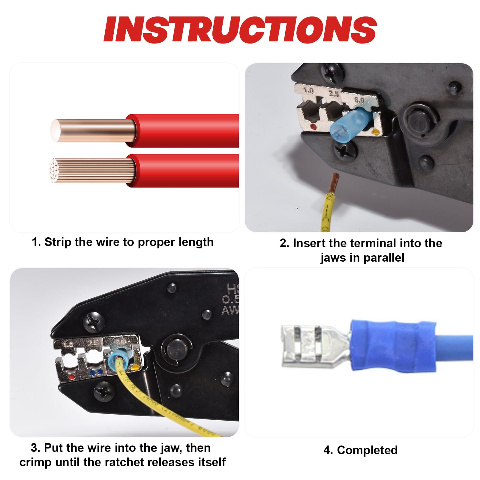Set di 6 strumenti per crimpatura a cricchetto, per termorestringenti, nylon isolato, estremità del filo della ghiera, non isolati, terminali a barilotto aperto, connettori solari