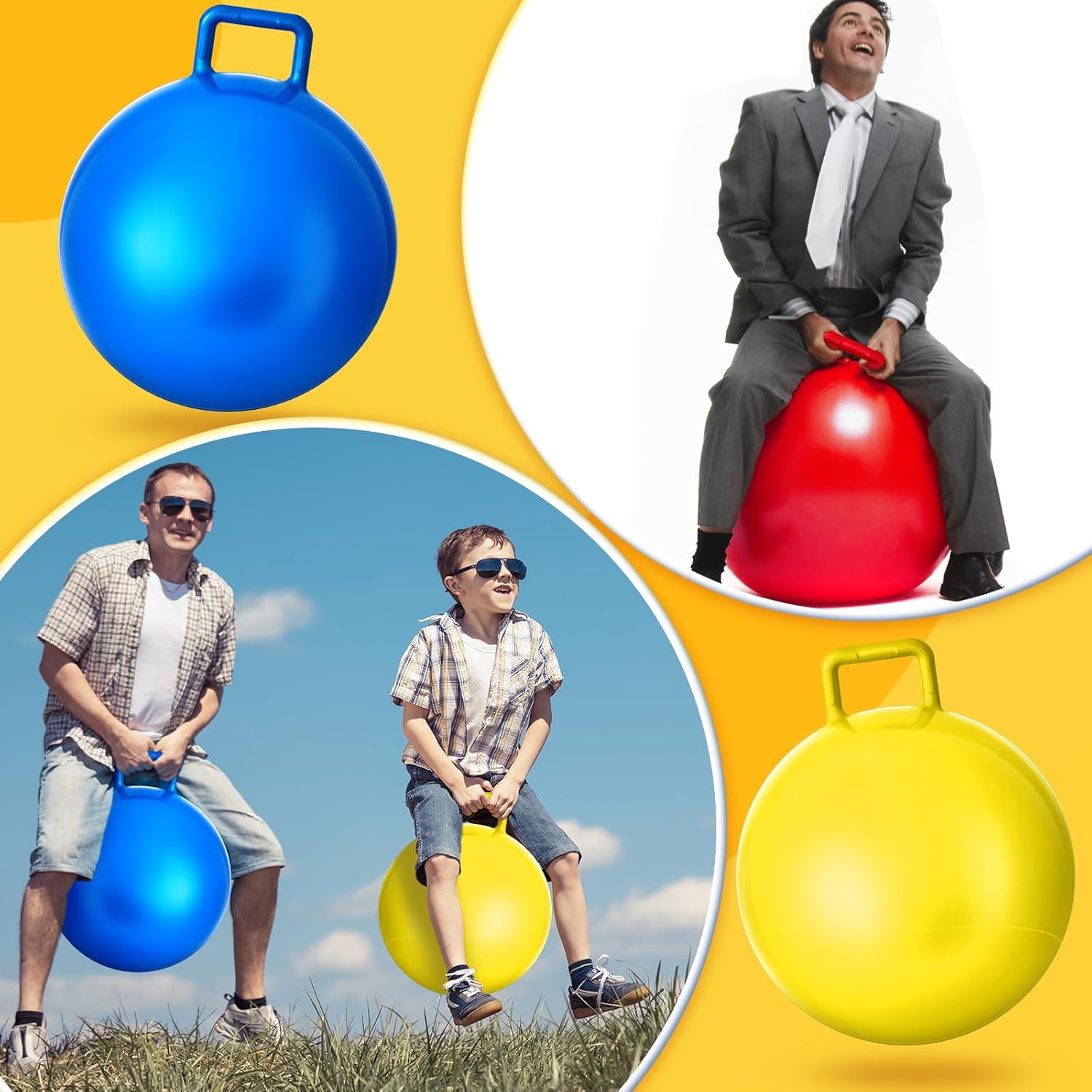 Lewtemi 3 Pcs 31 Inch Bouncing Ball with Handle, Outdoors Hopper Jumping Hopping Ball and Air Pump for Sports Exercise (Red, Blue, Yellow)