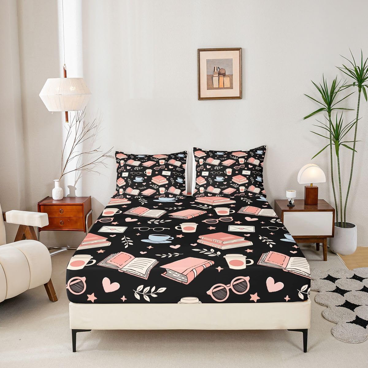 Homewish Czarno-różowe książki, prześcieradło z gumką w rozmiarze king size, urocze kubki do kawy i herbaty, głęboka kieszeń, 40 cm, romantyczne okulary, listy miłosne, zestaw pościeli z liśćmi