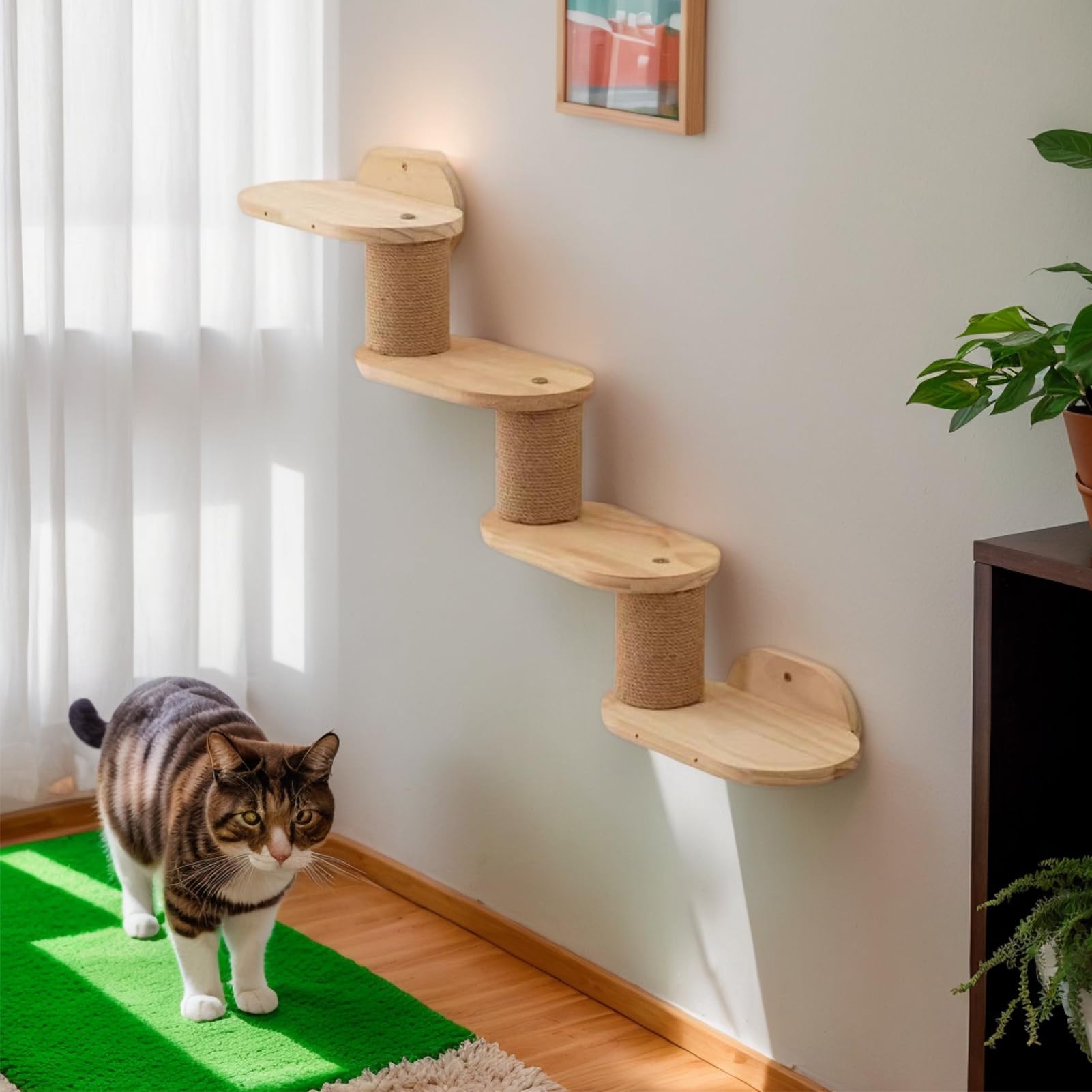 Estantes Flotantes Para Gatos: Escaleras De Madera Para Subir Montadas En La Pared, Escalera Interactiva Para Gatos, Rascador Interior Y Estación De Juegos | Estantería Con Ventana De Techo Configurac