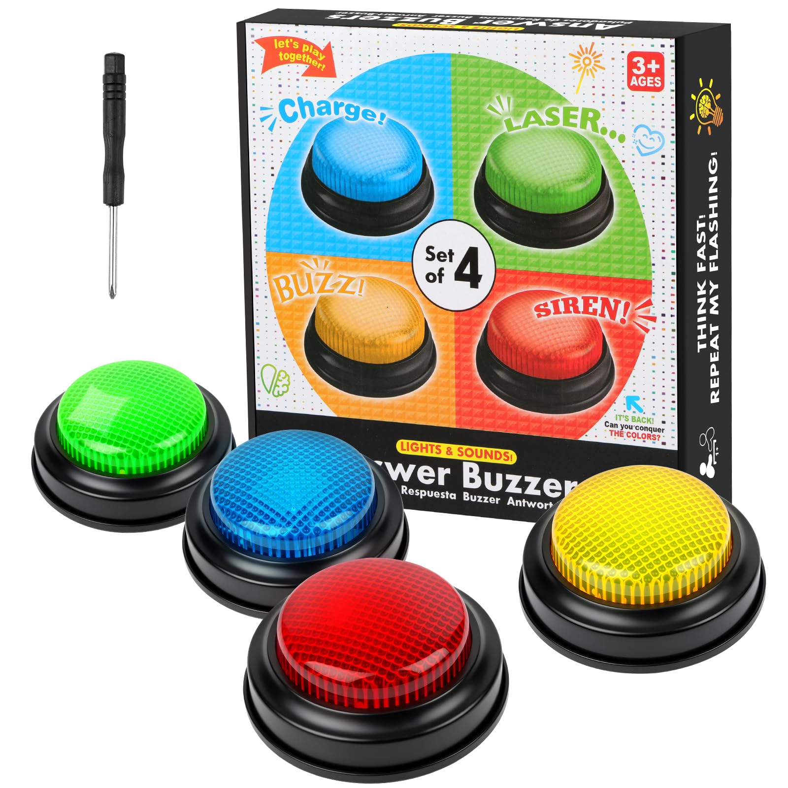 Adiwo Set von 4 Buzzern für Trivia Spiele, Antwort Buzzer für Klassenzimmer Family Feud Jeopardy Buzzern, Quiz Show Buzzer mit Lichtern und lustigen Soundeffekten