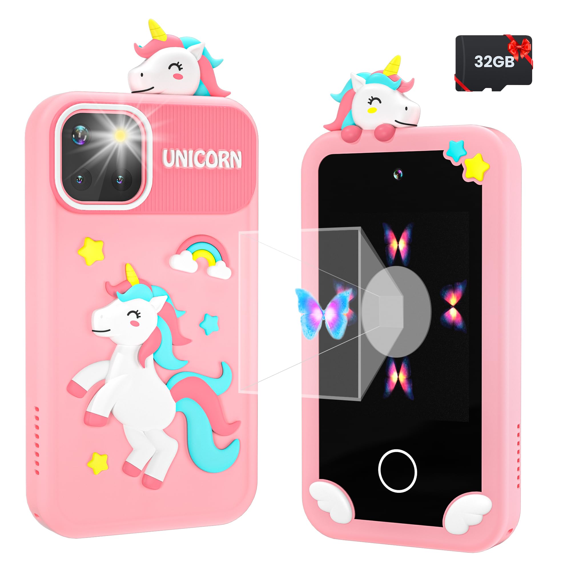 Kids Smart Phone for Girls with Holographic Pyramid, 32G Card Christmas Birthday Gifts for Age 3-10 Kids Toys Cell Phone, 2.8" Touchscreen Toddler Learning Play Toy, Dual Camera, Music Player (Pink)