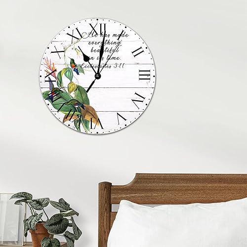 Miniatura 160 de ArogGeld He Made Everything Beautiful - Reloj de pared de PVC con flores rosadas, colibrí, reloj de pared grande con cita y números romanos, reloj