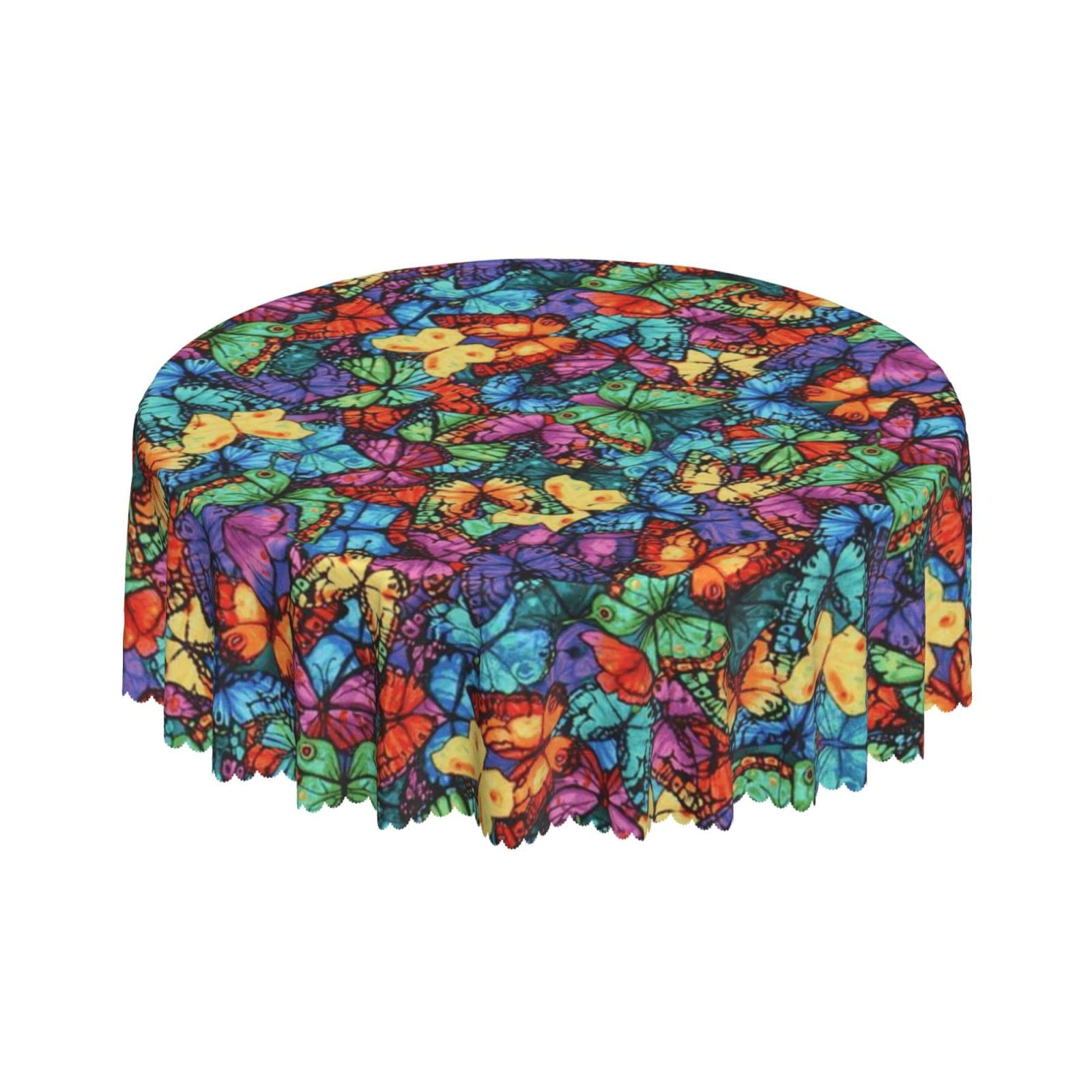Lsjuee Butterfly Colorful Round Tablecloth 60 Inch Printed Washable Tablecloth for Dining Party Holiday Fall Home Decorative