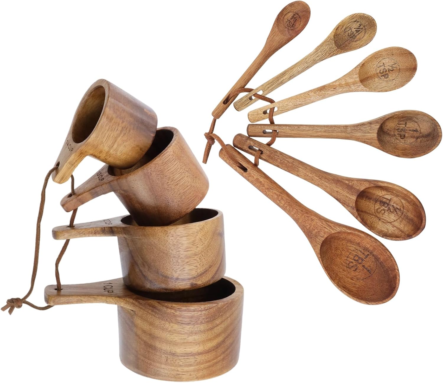 10pcs Wood Measuring Cups and Measuring Spoons Set Handcrafted Natural Wood Tablespoon Kitchen Utensils Wooden Measuring Cups and Spoons Set for Dry Ingredients Cooking Baking