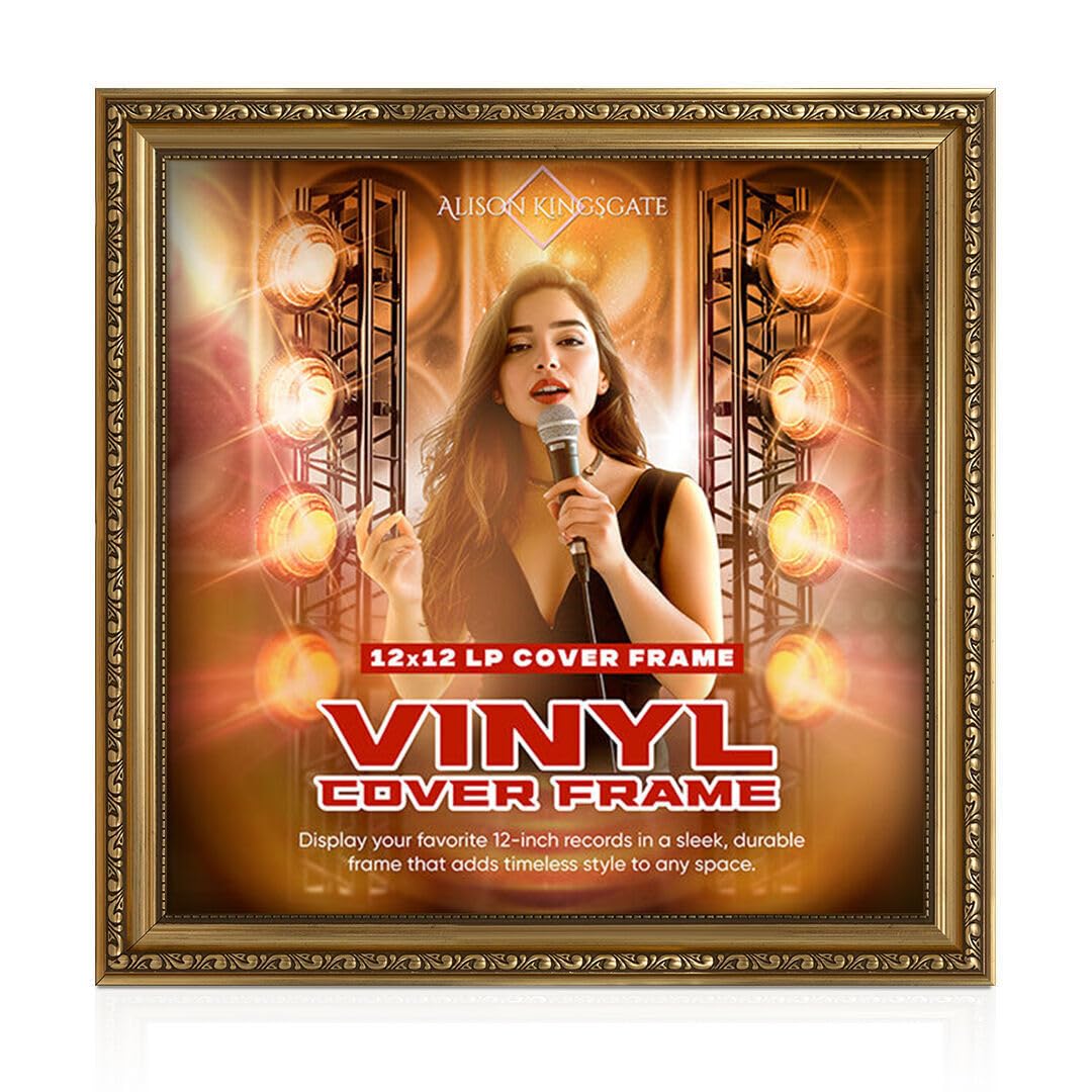 Alison Kingsgate 12x12 Gold Vinyl Record Frame - Display Ornate Frames for LP Album Covers & CDs - Engineered Wood with Shatterproof Perspex Front - Gift for Music Lovers
