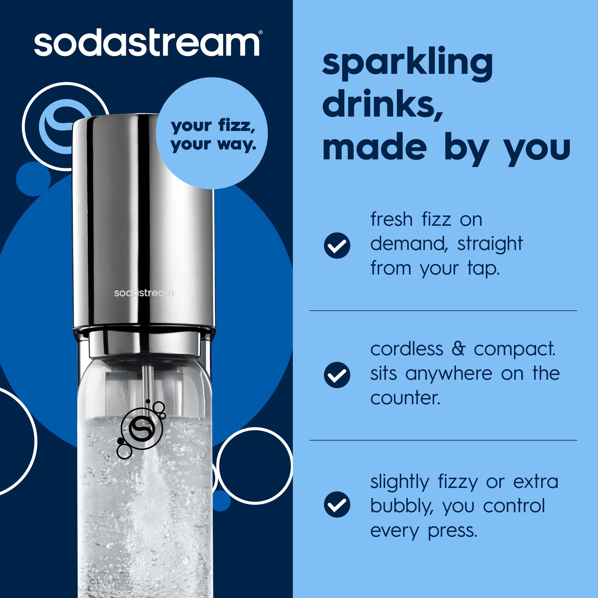 sodastream - Enso Gasatore in acciaio inossidabile per realizzare acqua frizzante Include Bombola di Co2, Bottiglia da 1L lavabile in lavastoviglie, Panno per la Pulizia
