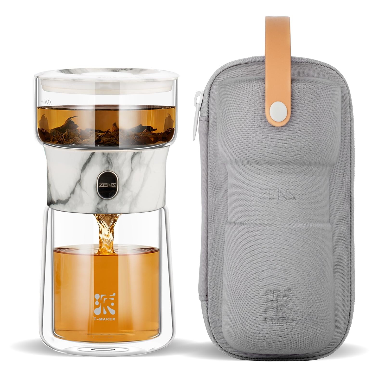 ZENS Teiera con infusore in vetro magico con un tocco | Senza danni. Per tè sfuso. Include tazza termica da 200 ml e borsa da tè portatile. Regalo per gli amanti del tè.