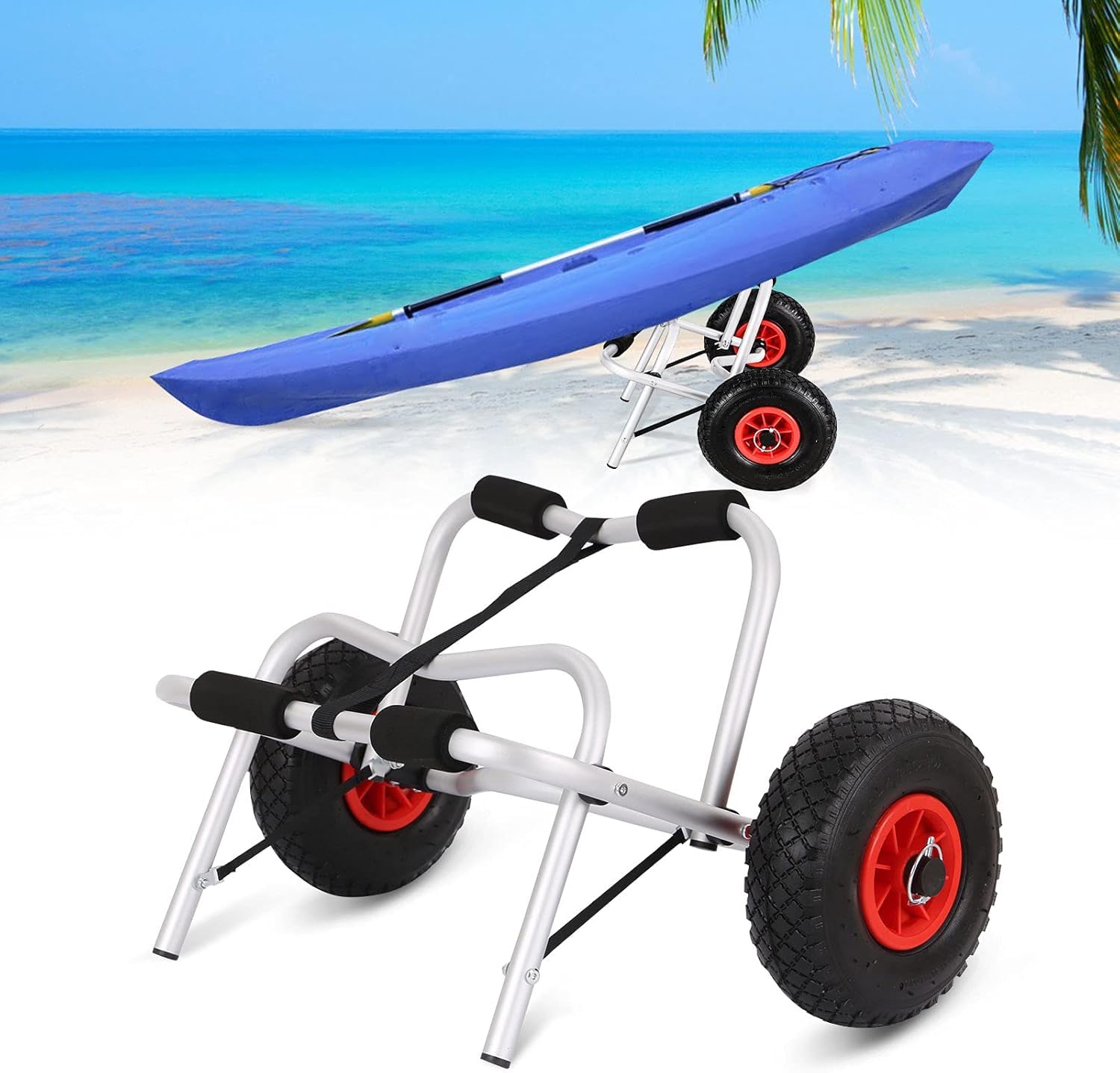 Faltbarer Kajakwagen bis 100 kg, Aluminium Kanuwagen mit Spannriemen, Bootswagen Transportwagen für Kajak, Kanu, Surfboard, Leichter Kajak Transportwagen für Wassersport