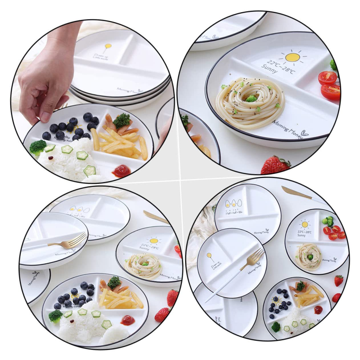 Assiettes en Céramique Compartimentées 3 Sections pour Régime 2 Pièces, Design Divisé Facile à Nettoyer, Maison ou Hôtel Style Aléatoire