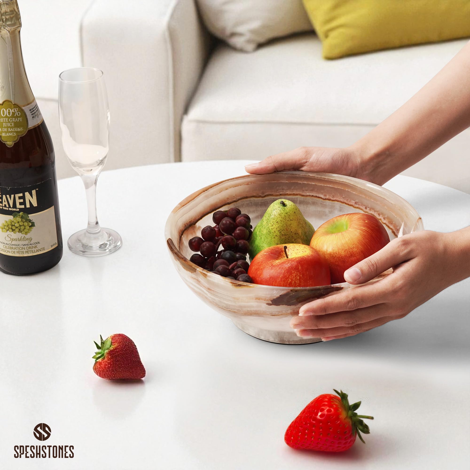 SPESHSTONES Ciotola per frutta in marmo da 25,4 cm in onice bianco fatto a mano, piatto decorativo per frutta, snack e bancone da cucina, ideale per sala da pranzo e decorazione di