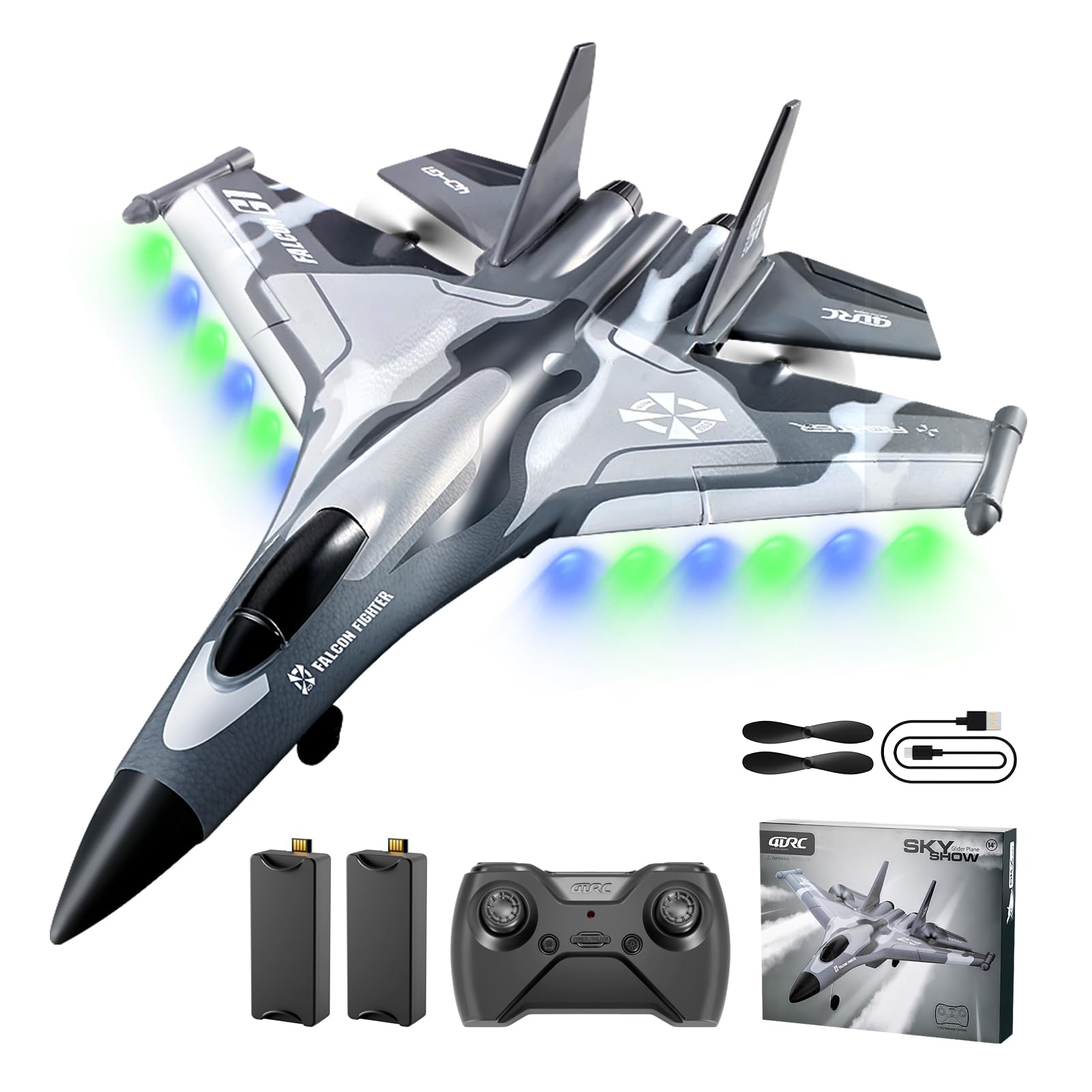 4DRC G1 Aeroplano Radio Controllato con 2 Modalità di Decollo, 2 Batterie e Luce, 2.4GHz 4 Canali Stabilizzatore Giroscopico 6 Assi, Pronto per Volo (RTF), Aliante, Jet da Combattimento, Giocattolo Re
