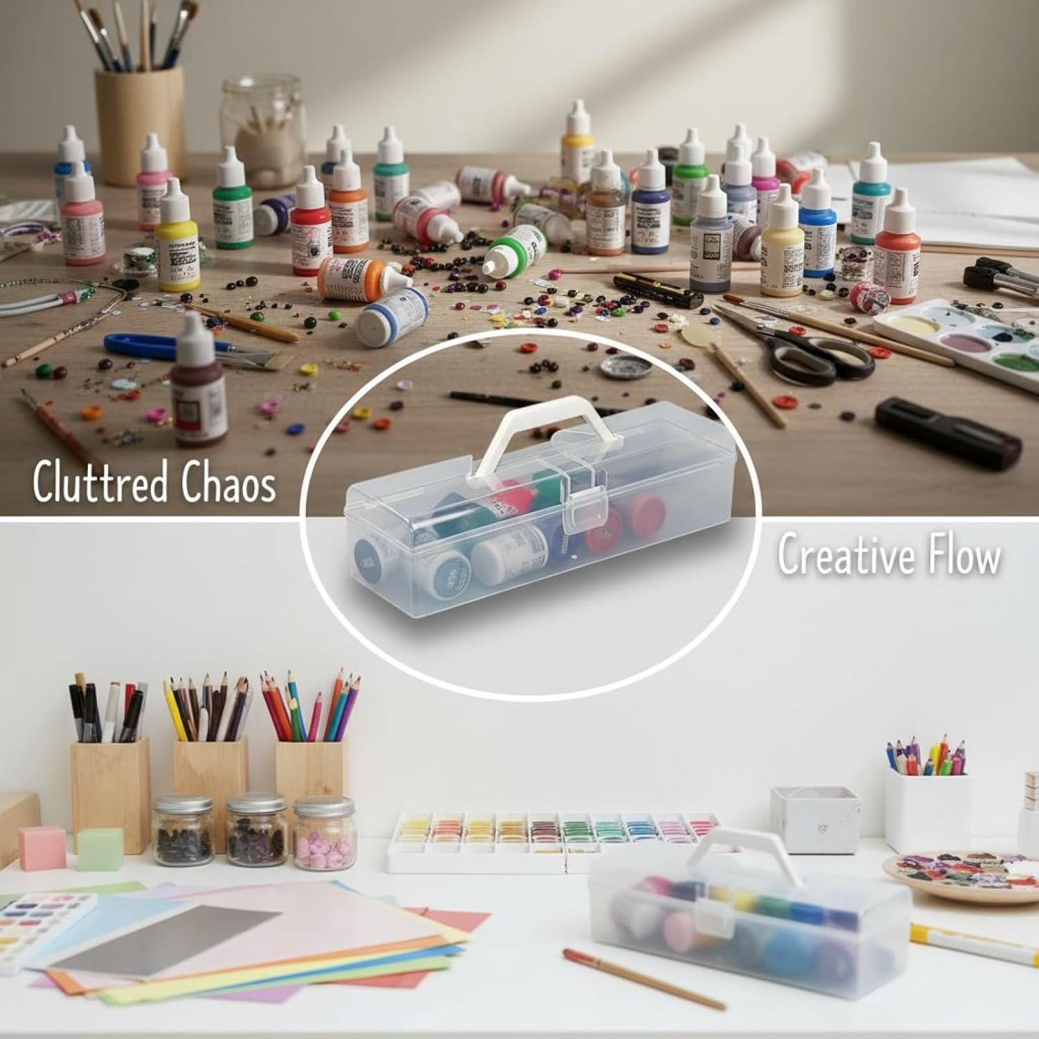 Oversized Portable Craft Art Organizer, Clear Plastic Art Supply Box, 13.6 in Acrylic Paint Storage Box with Handle, Multifunctional Desk Tidy for Calligraphy, Markers