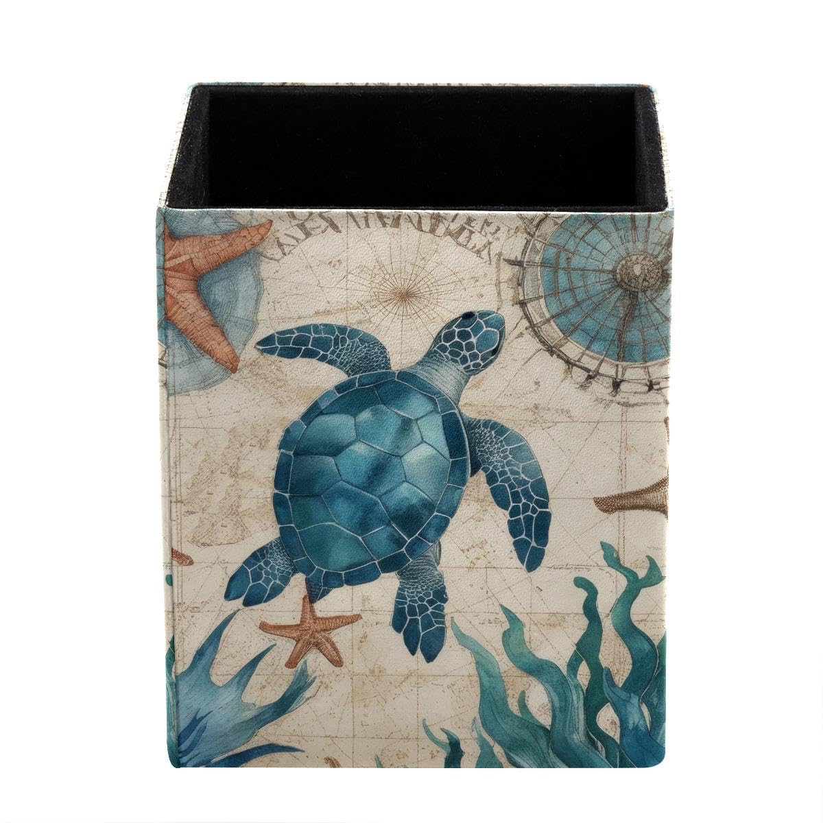 HEOEH Nautical Sea Turtle Pen Holder Pen Pot, Square Pencil Cup for Desk