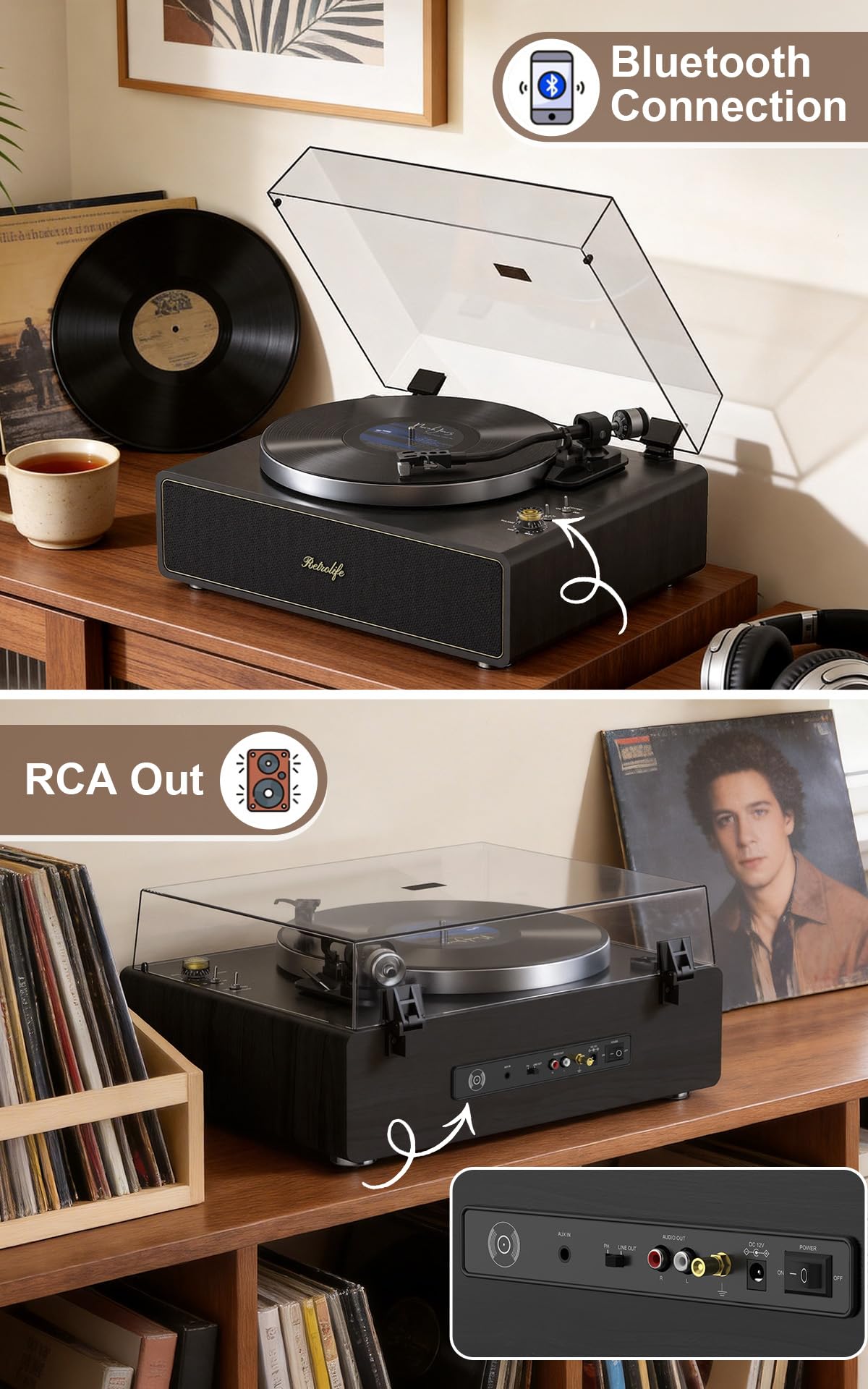 Tocadiscos de Vinilo con Altavoz estéreo HiFi Integrado, Tocadiscos Bluetooth 33/45 RPM Parada Automática/Salida RCA/Aux in Reproductor Vinilo