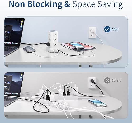 Miniatura 4 de Regleta protectora de sobretensiones de 6.5 pies, torre de regleta de alimentación con 4 puertos USB (1 USB C), cable de extensión con 12 tomas de