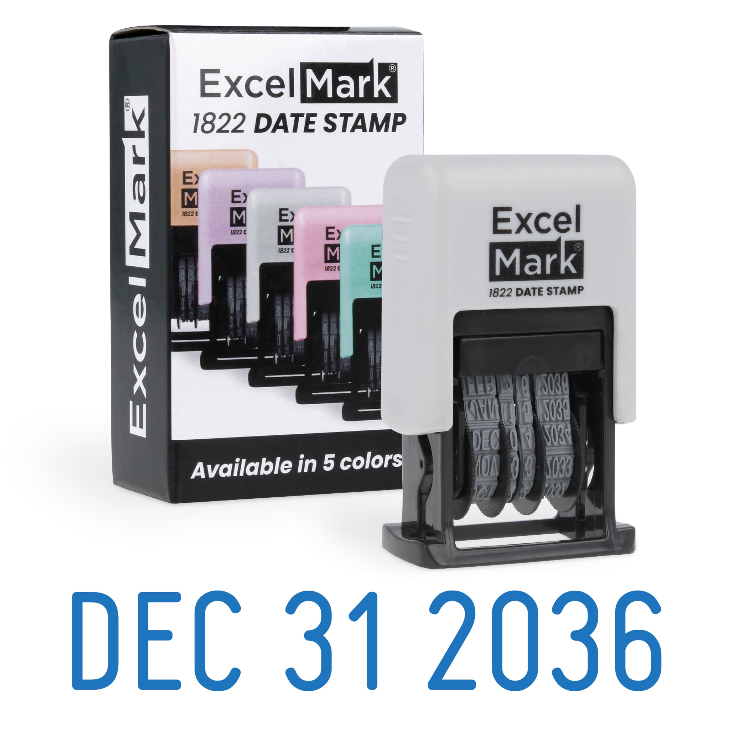 ExcelMark Timbro della data 1822 - Perfetto per spedizione, ricezione, scadenza e scadenza (inchiostro blu, supporto grigio)