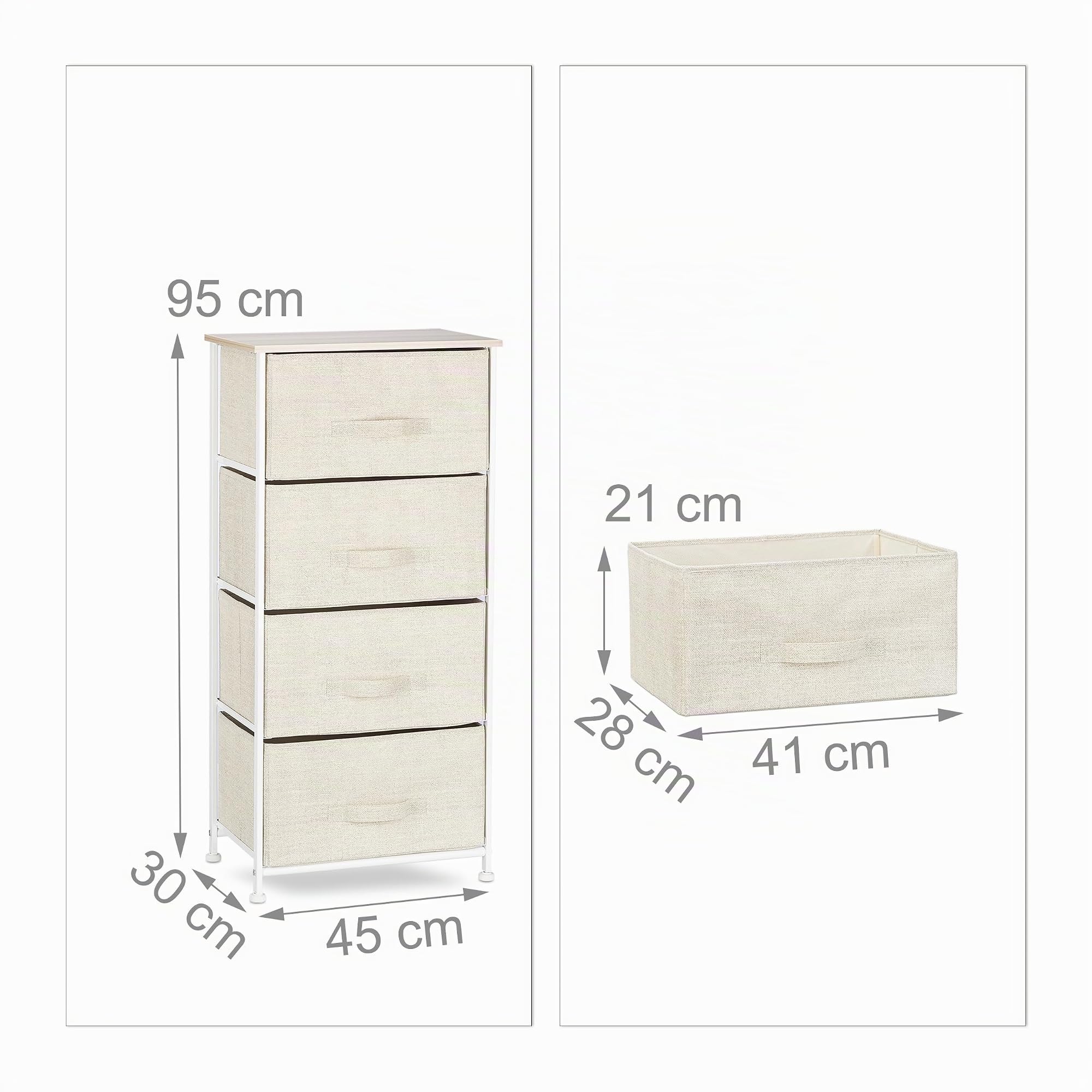 Relaxdays Cajonera Multiusos con 4 Cajones, Metal-Tela, Beige, 95 x 45 x 30 cm