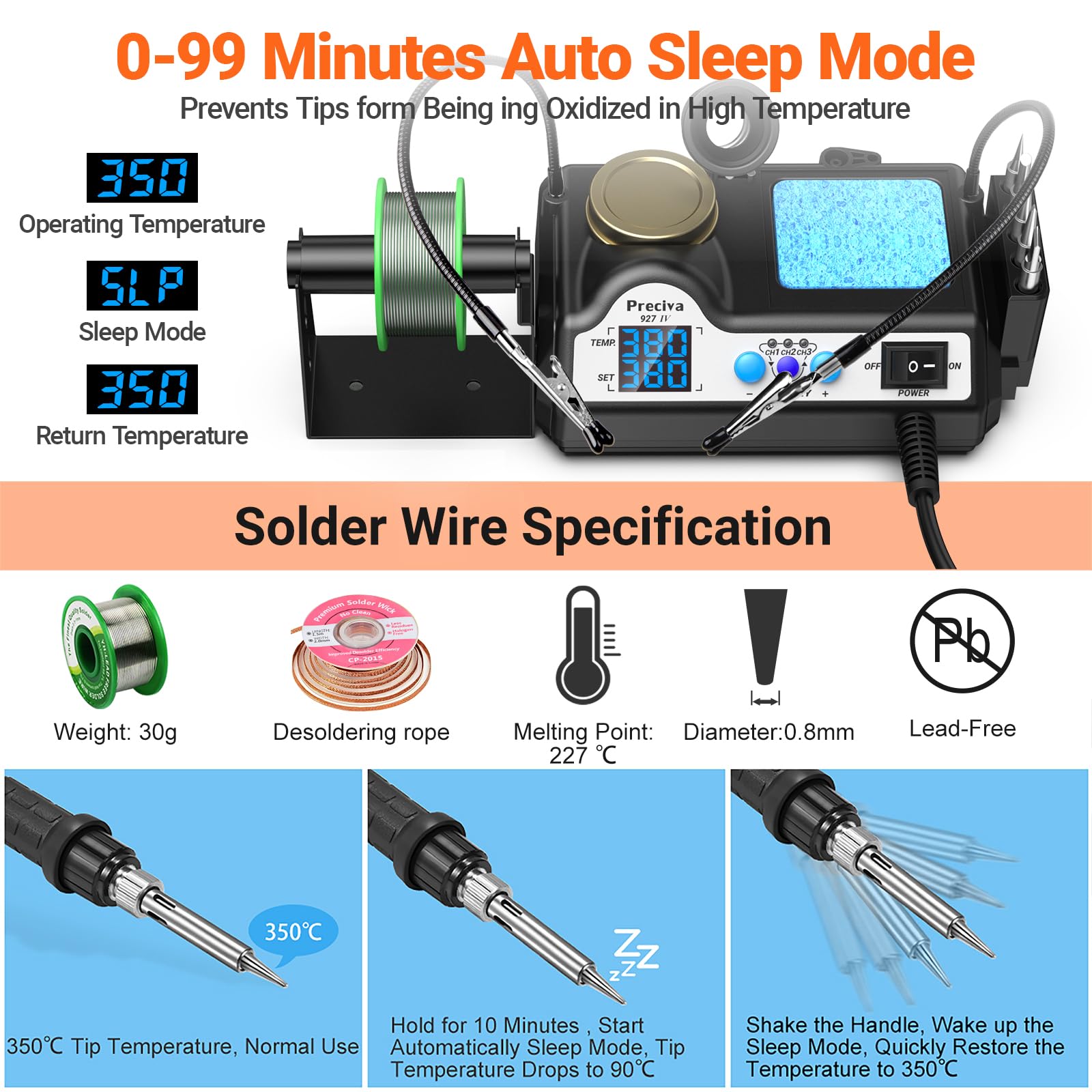 Fer a Souder, Preciva 927IV Station de Soudage avec Loupes et Deux Clips Auxiliaires, 130W Double LCD 90-480℃ Ajustable, Fers à Souders Etain avec 5 Têtes, Fonction Sommeil et Contrôle du Thermostat