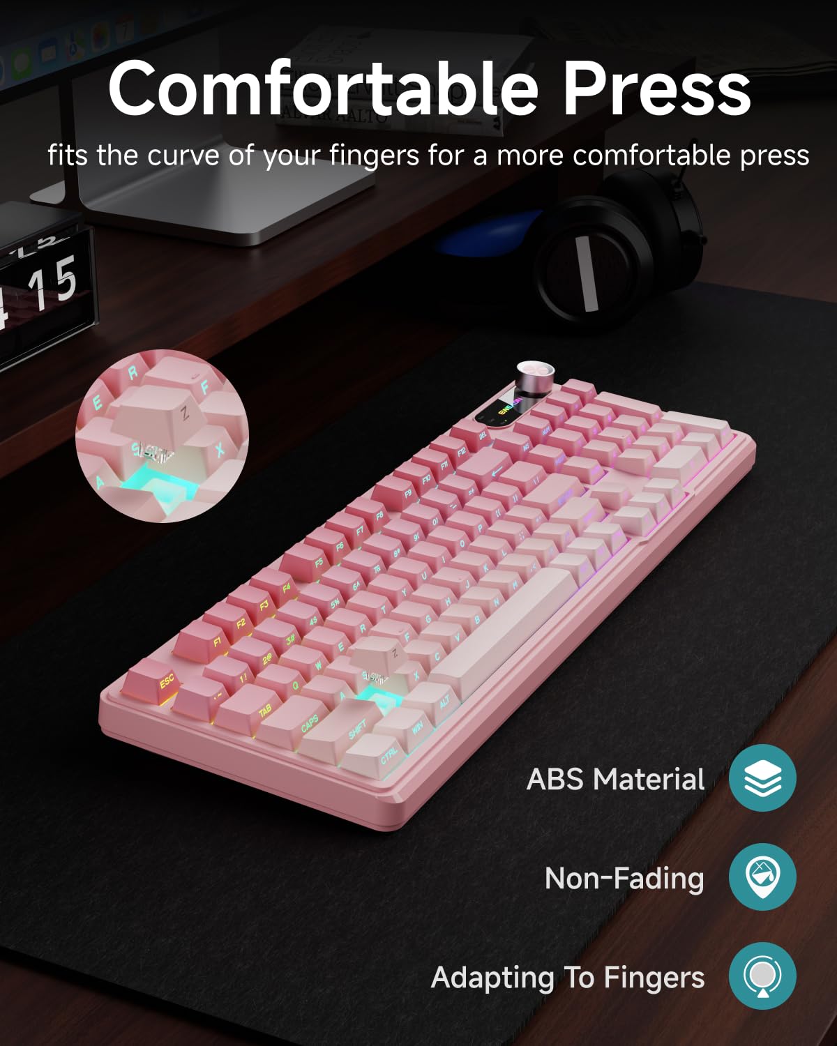 EWEADN Tastiera cablata V102, 98 tasti, tastiera da gioco cremosa con tastierino numerico, schermo display e manopola multimediale RGB silenziosa tastiera per computer portatile PC gamer - rosa