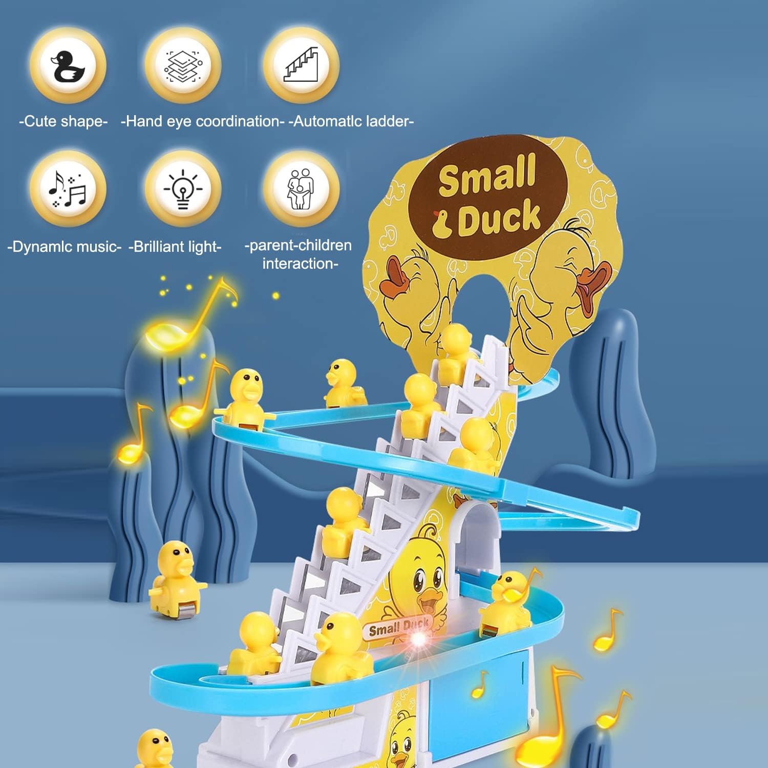 Small Duck Climbing Stairs Toy,Electric Duck Roller Coaster Toy Set,with LED Flashing Lights & Music,Duck Track Slide Toy Gift for Birthday Christmas,Kids Age 3（9Pcs Ducks）