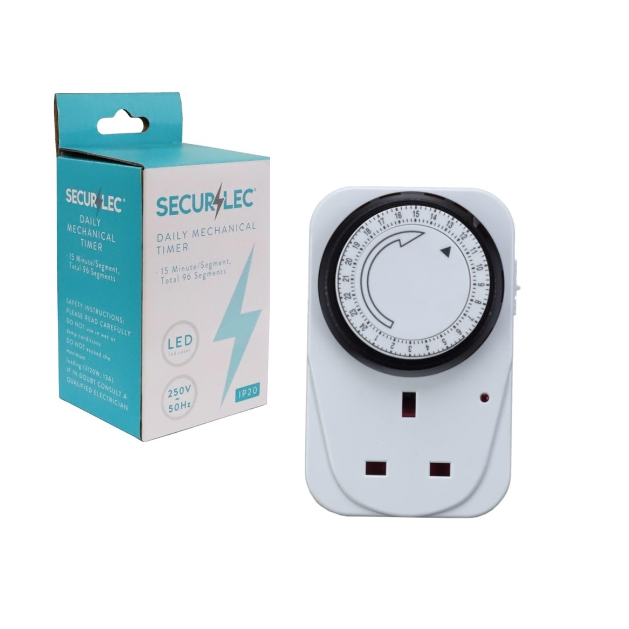 24hr timer plug - mechanical timer plug - uk 3 pin 24 hour timer plug - 15 minute segment IP20 white plug - energy saving plug in timer.