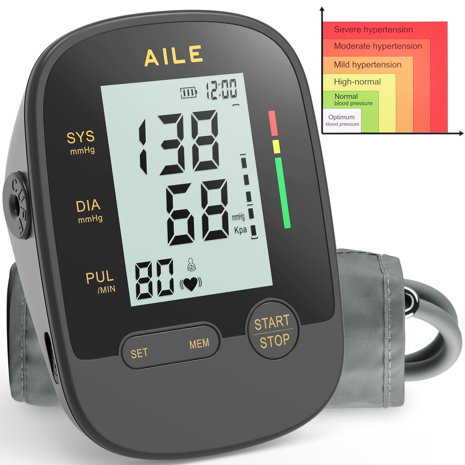 AILE Oberarm Blutdruckmessgerät für den Hausgebrauch,Digitale Blutdruckmessgeräte mit Verstellbar Große Manschette (22-42 cm) Automatisches Bluthochdruck Messgerät Einknopfbedienung