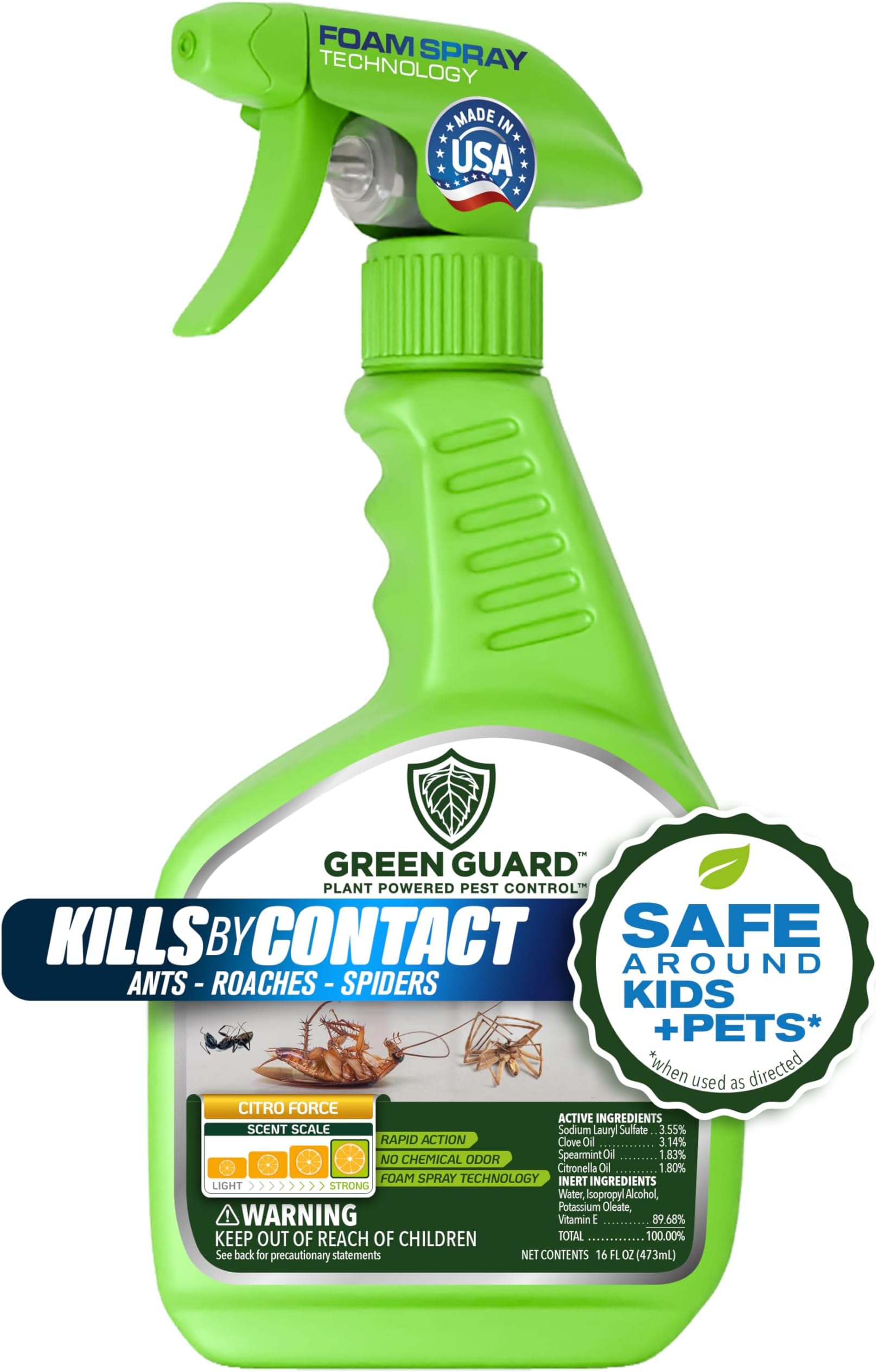 Green Guard Pest Control Spray - Indoor & Outdoor Killer of Ants, Roaches, Spiders & Other Crawling Insects, Safe Around Children & Pets, Plant-Based, Pleasant Scent (Citro Force, 16oz)
