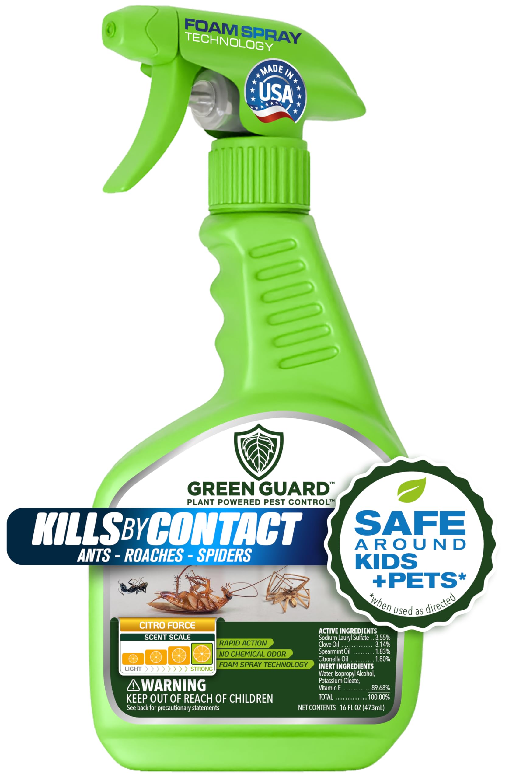 Green Guard Pest Control Spray - Indoor & Outdoor Killer of Ants, Roaches, Spiders & Other Crawling Insects, Safe Around Children & Pets, Plant-Based, Pleasant Scent (Citro Force, 16oz)