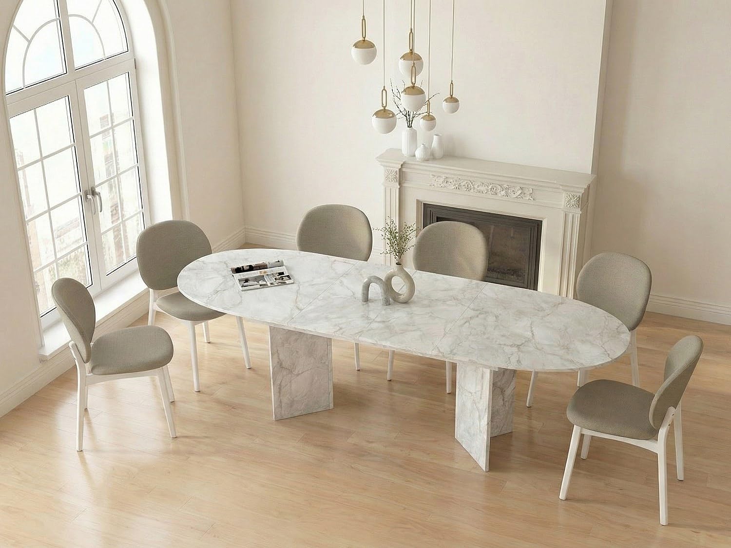 Vente-unique - Table à Manger Extensible 6 à 10 Personnes - Effet marbre Blanc - TOPANIA