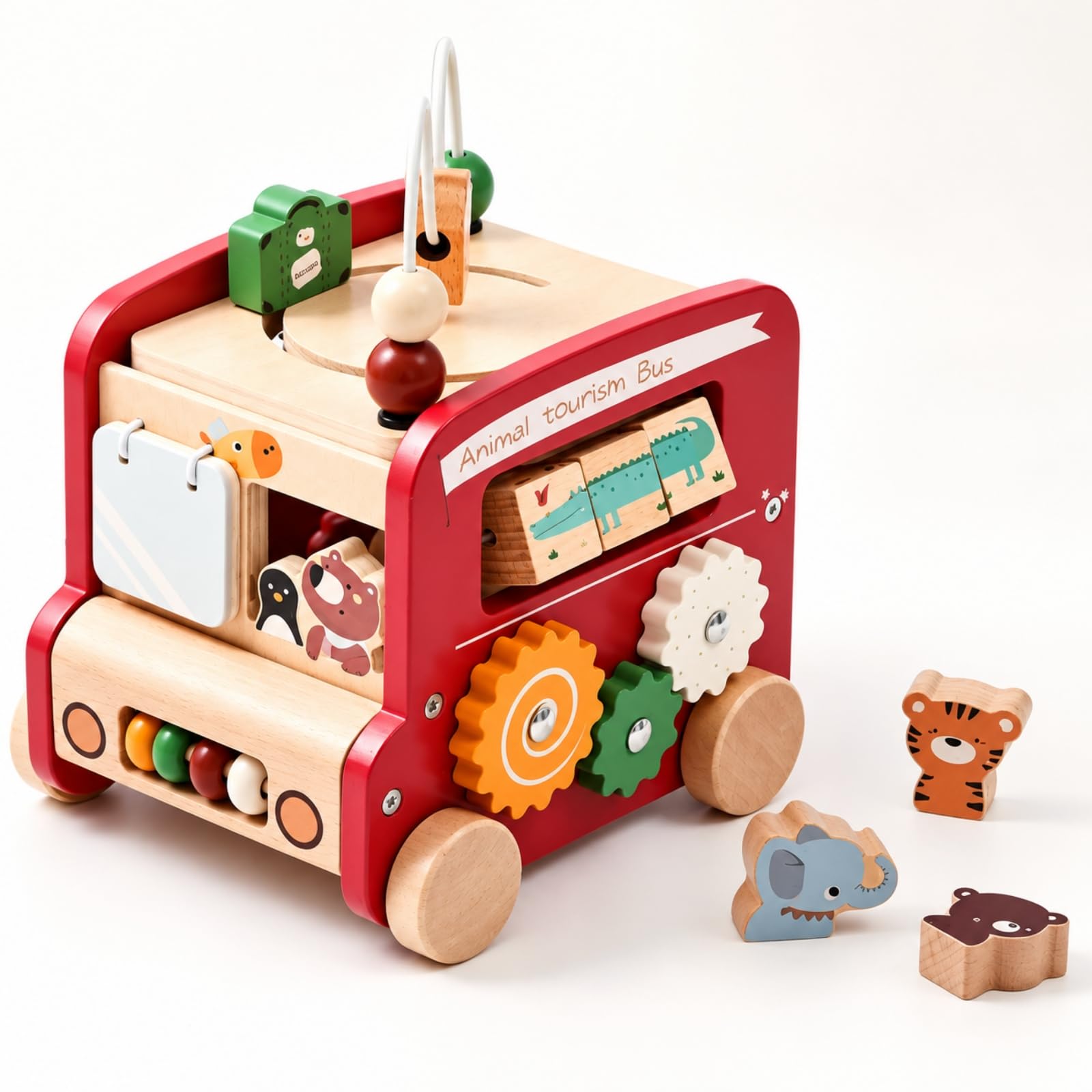 predolo Véhicule'activité Éducatif en Bois Seoriel Véhicule'activité Engrenages Labyrinthe Perles Robuste Busy Board pr Jeunes Enfants, Rouge