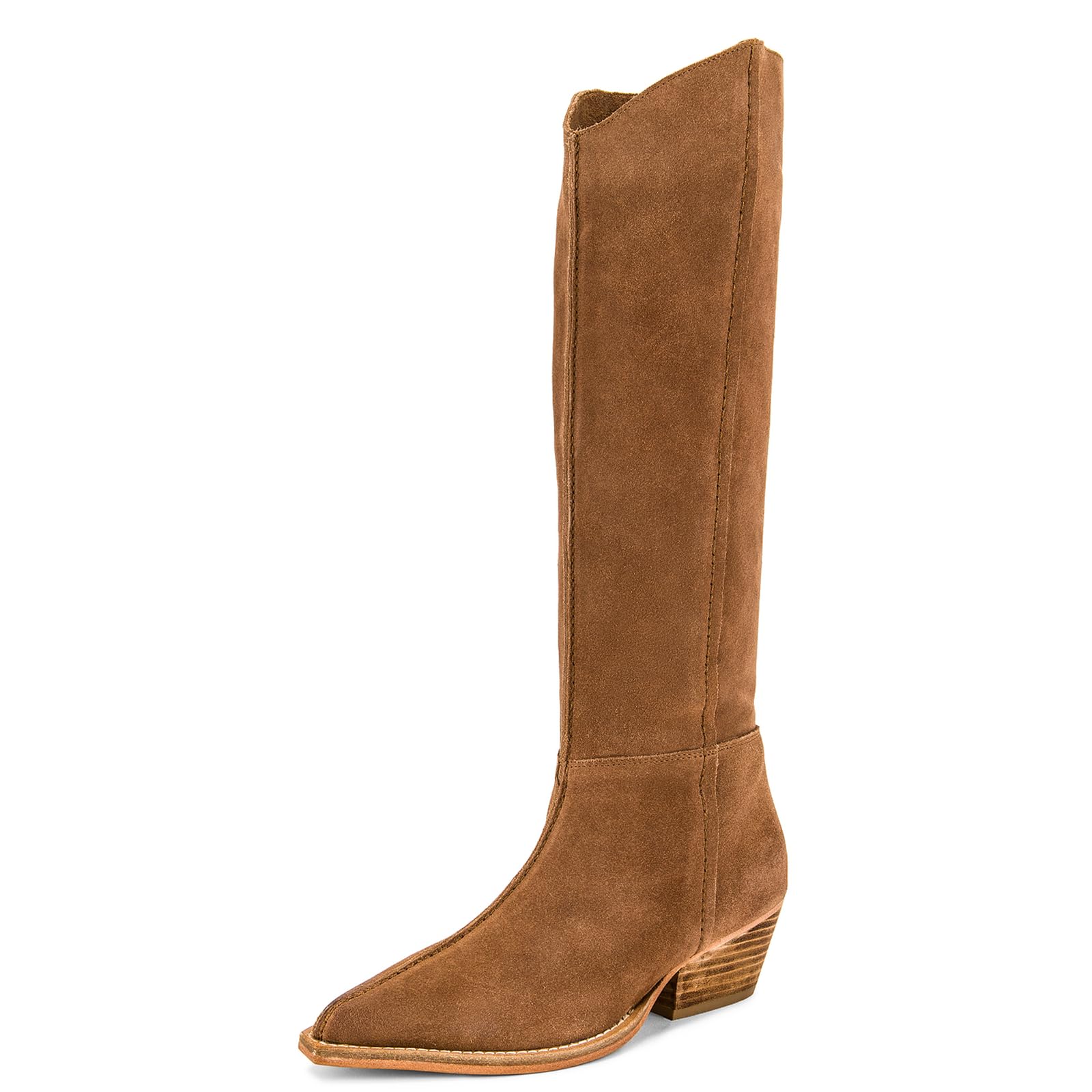 Womens Faux Suede Pointed Toe Block Heel Tan Beige Knee-High Western Boots-Stylish Cowboy-Inspired Casual Dress Footwea