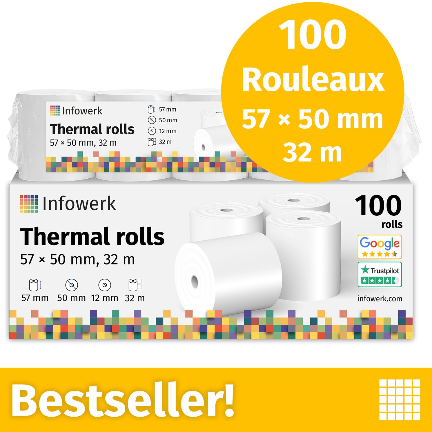 Nowość: Infowerk rolki termiczne/rolki kasowe, 100 rolek, 57 mm x 50 mm x 12 mm, 32 m, certyfikat PEFC, certyfikat środowiskowy, do EPSON, IBM i wielu innych.