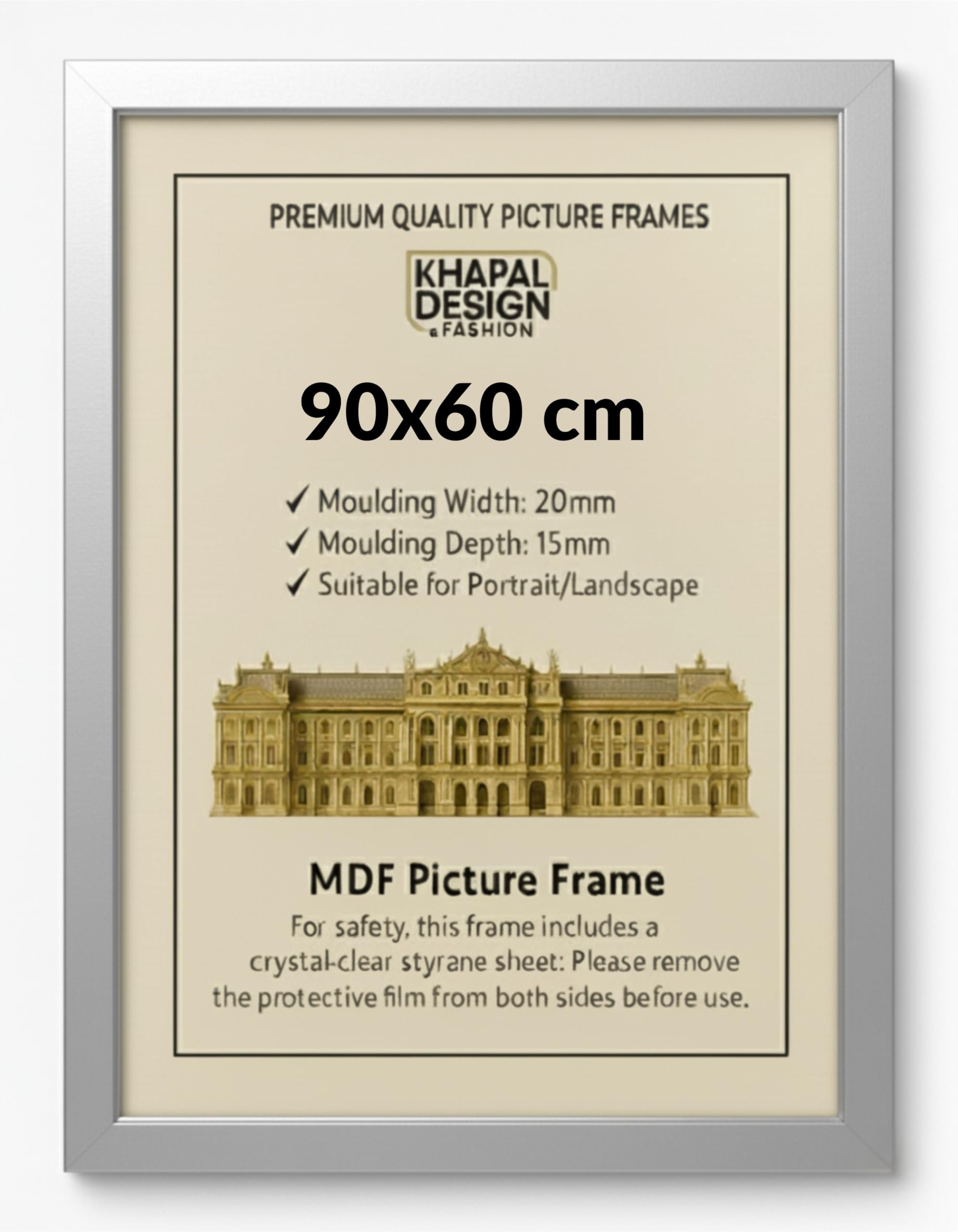 90x60 cm Picture Frame – MDF Photo Framet | Posters Prints Certificates Home Office Gallery Décor - (Silver)