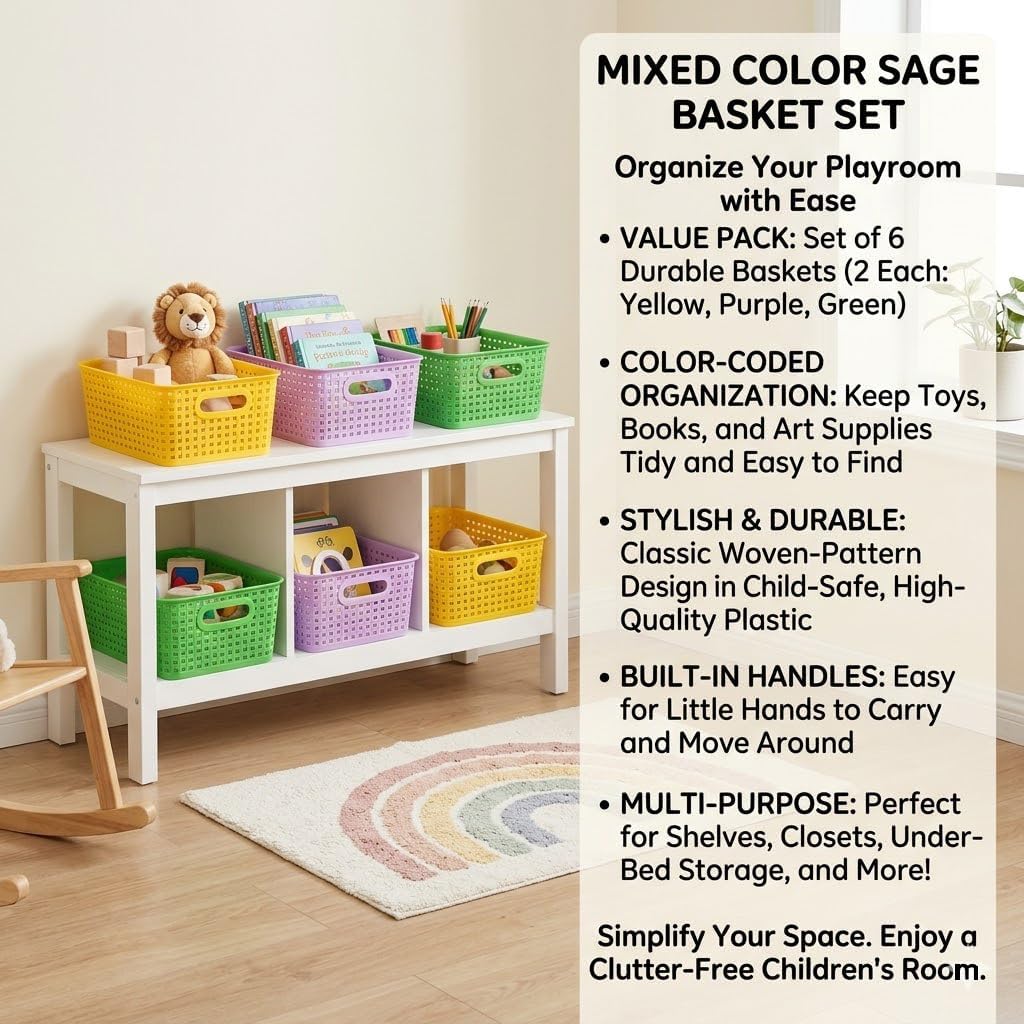 6-Pack Small Baskets, Plastic Open Storage Weave Basket Versatile Shelf Organizer Woven Baskets for Home and Pantries, Green/Purple/Yellow, 10x7.5x4 inch