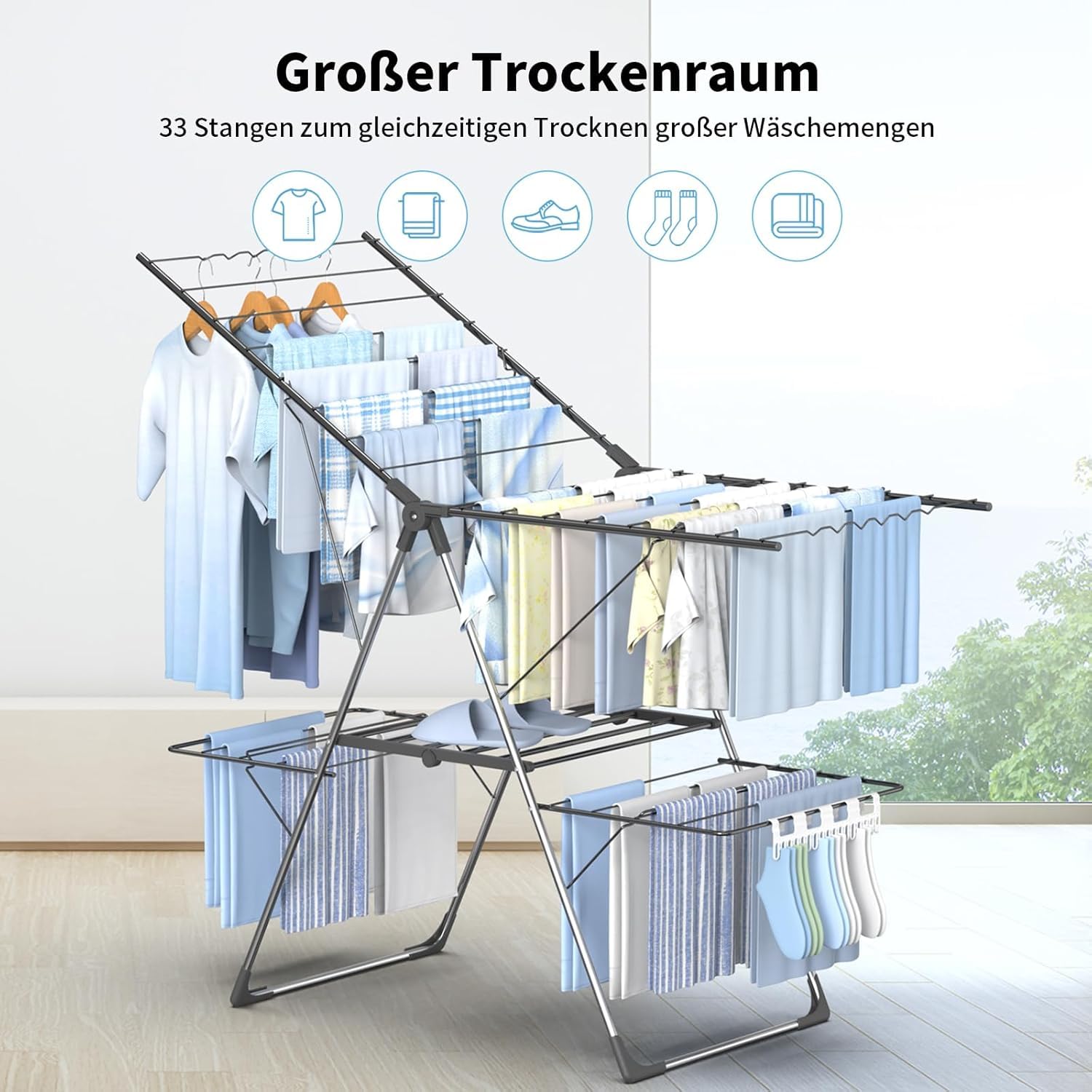 Innotic Wäscheständer Platzsparend Klappbar, Standtrockner mit 4 Flügeln & Ausziehbar, Wäscheständer Stabil für, Bad, Balkon,Heizkörper (Grau)