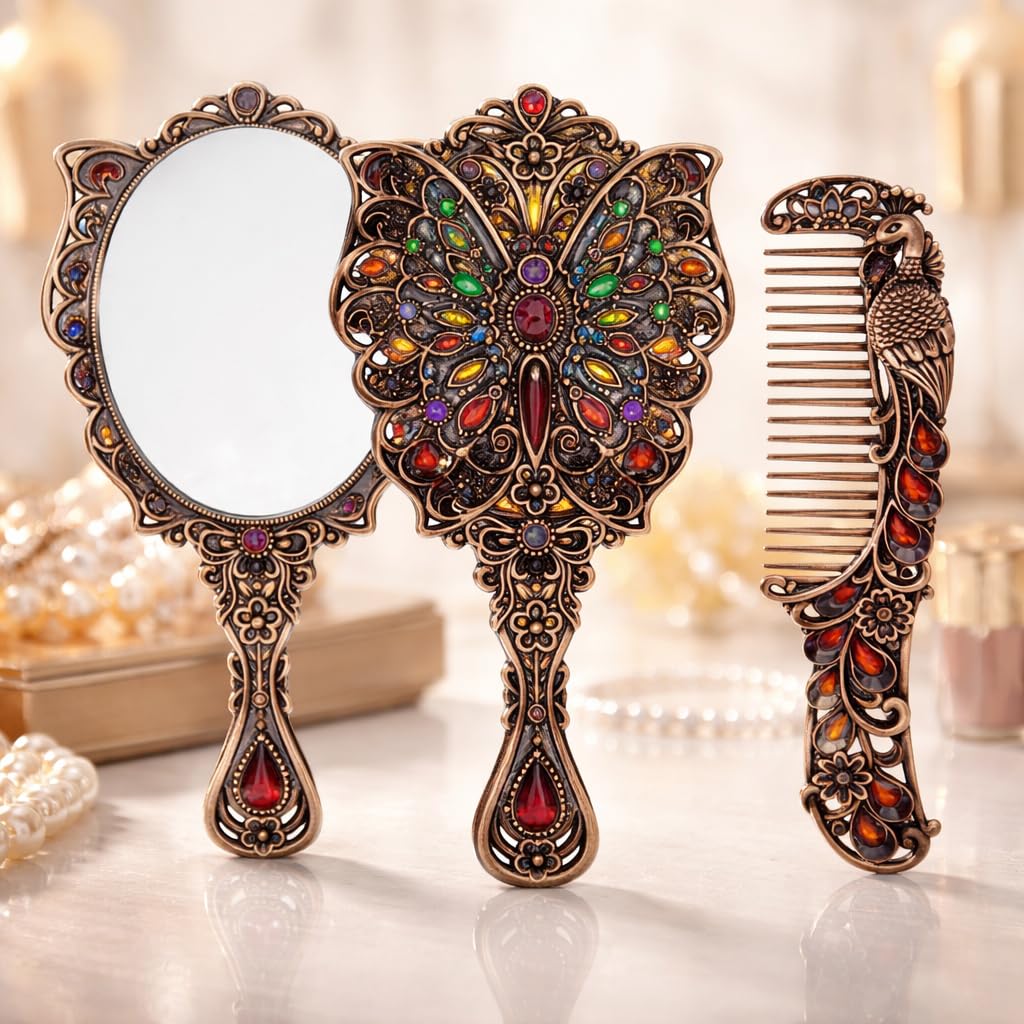 Vintage Hand Mirror and Comb Set, Antique Copper Finish, Metal with Crystal Design, 2 Pieces-image-8
