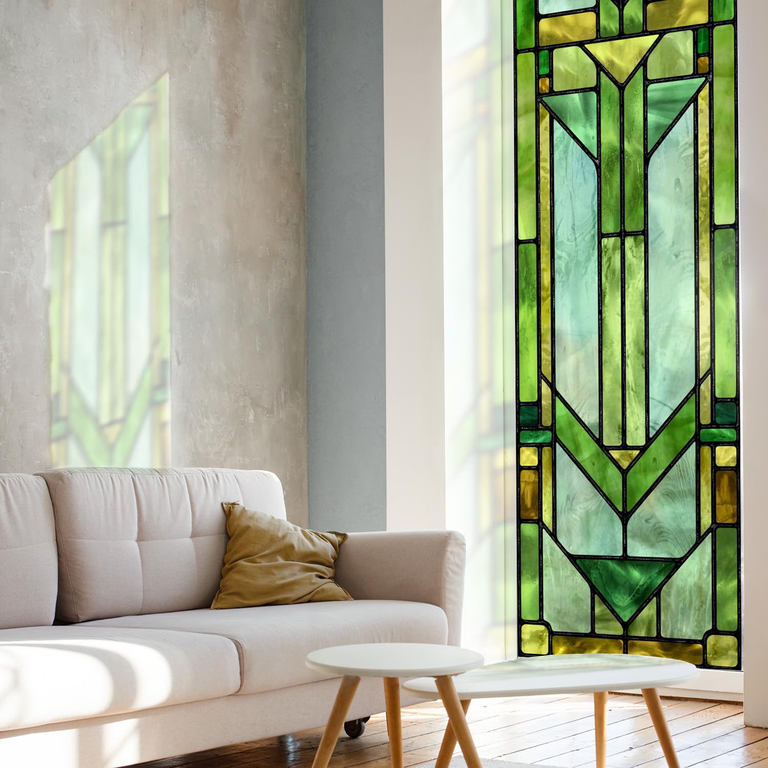 Flortlias Faux Stained Glass Effect Transparent Window Film, Original Hand Dawn Static Cling Home Decal Inspired by Frank Lioyd Wright, 22.83