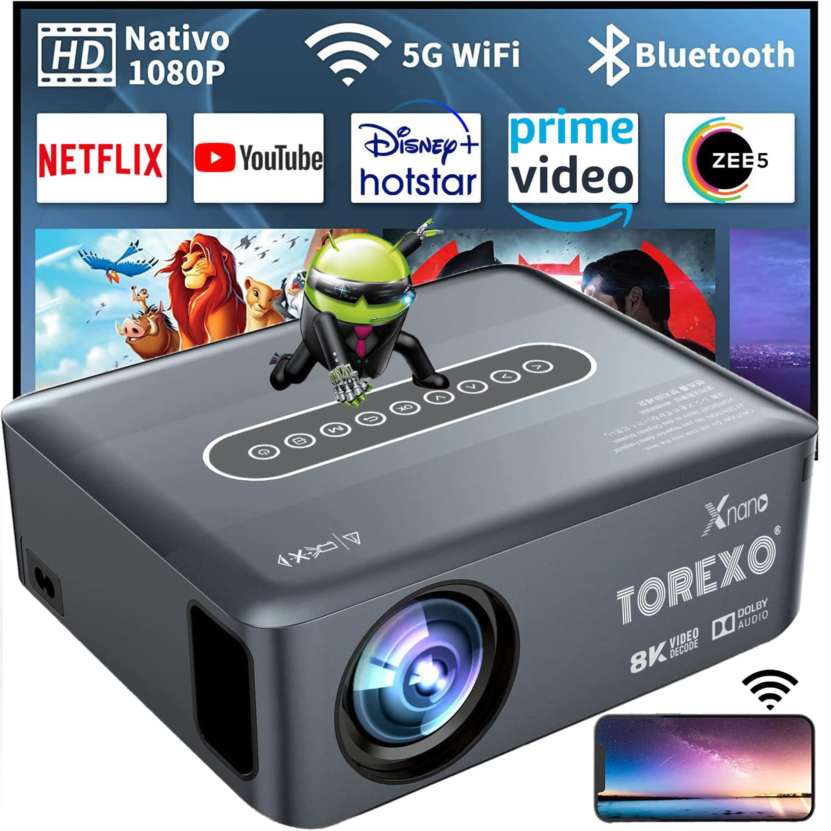 TOREXO X1 Android 9.0 FullHD 2GB/16GB 5G WiFi/BT 5.0 Voice Control Bluetooth Remote | 200'' Large Screen | (300) ANSI Lumens | 50000H lifespan | HDMI, USB, AV, Portable Home Cinema Projector-image-23